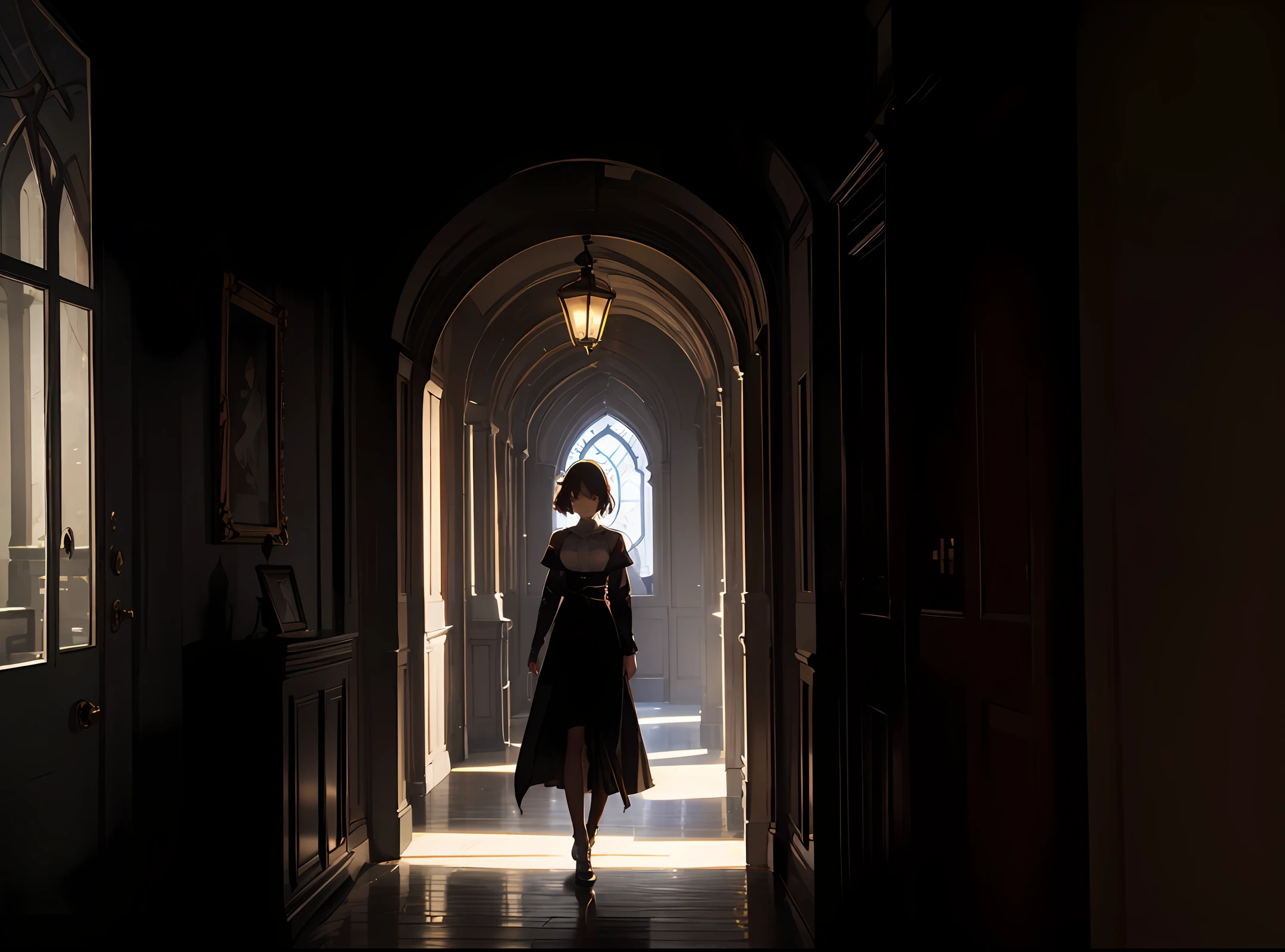 A female character atmosphere map with an English-style urban architectural background, with light and shadow, showing at least above the chest and one hand