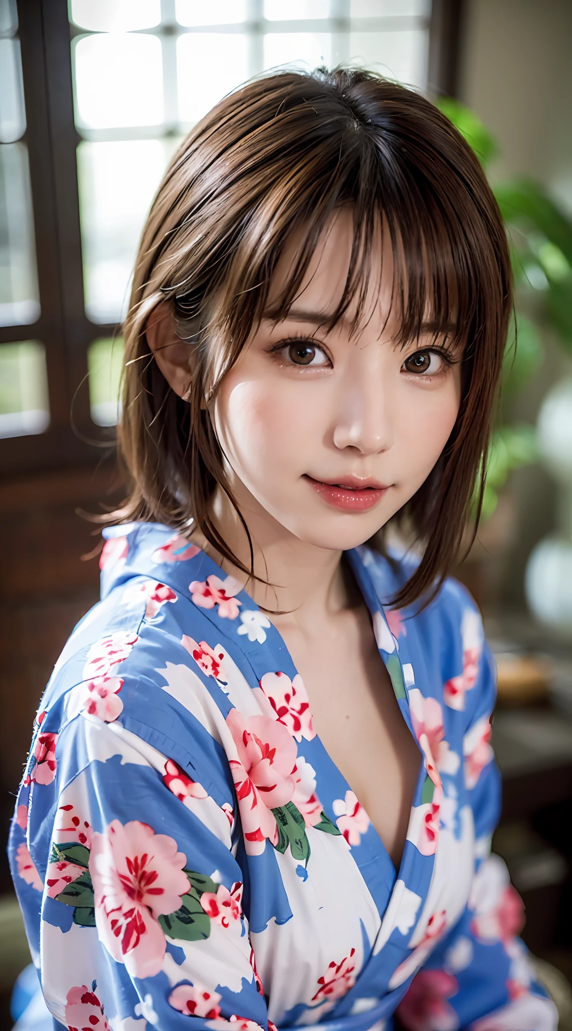 (Medium Hair))), Best Quality, 8K, HDR, Hi-Res, Absurdity: 1.2, Blurry Background, Bokeh: 1.2, Photography, (RAW Photos: 1.2), (Photorealistic: 1.4), (Masterpieces: 1.3), (Complex Details: 1.2), 1 Girl, Solo, Japan Girls, Delicate and Beautiful Details, (Detailed Eyes), (Detailed Facial Features), ((((Middle Chest))), Skin Firm, (Best Quality:1.4), (Ultra High Definition:1.2), (Lip Gloss, Best Quality, Ultra High Definition, Yukata, Ryokan, Squatting, Front