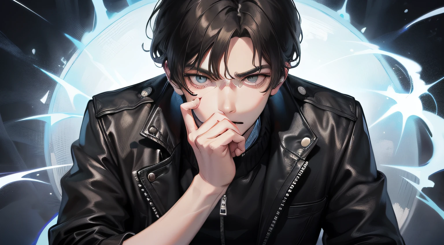 A young man with upper body, straight face, short black hair, black storm jacket, hand supporting chin, looking thoughtful