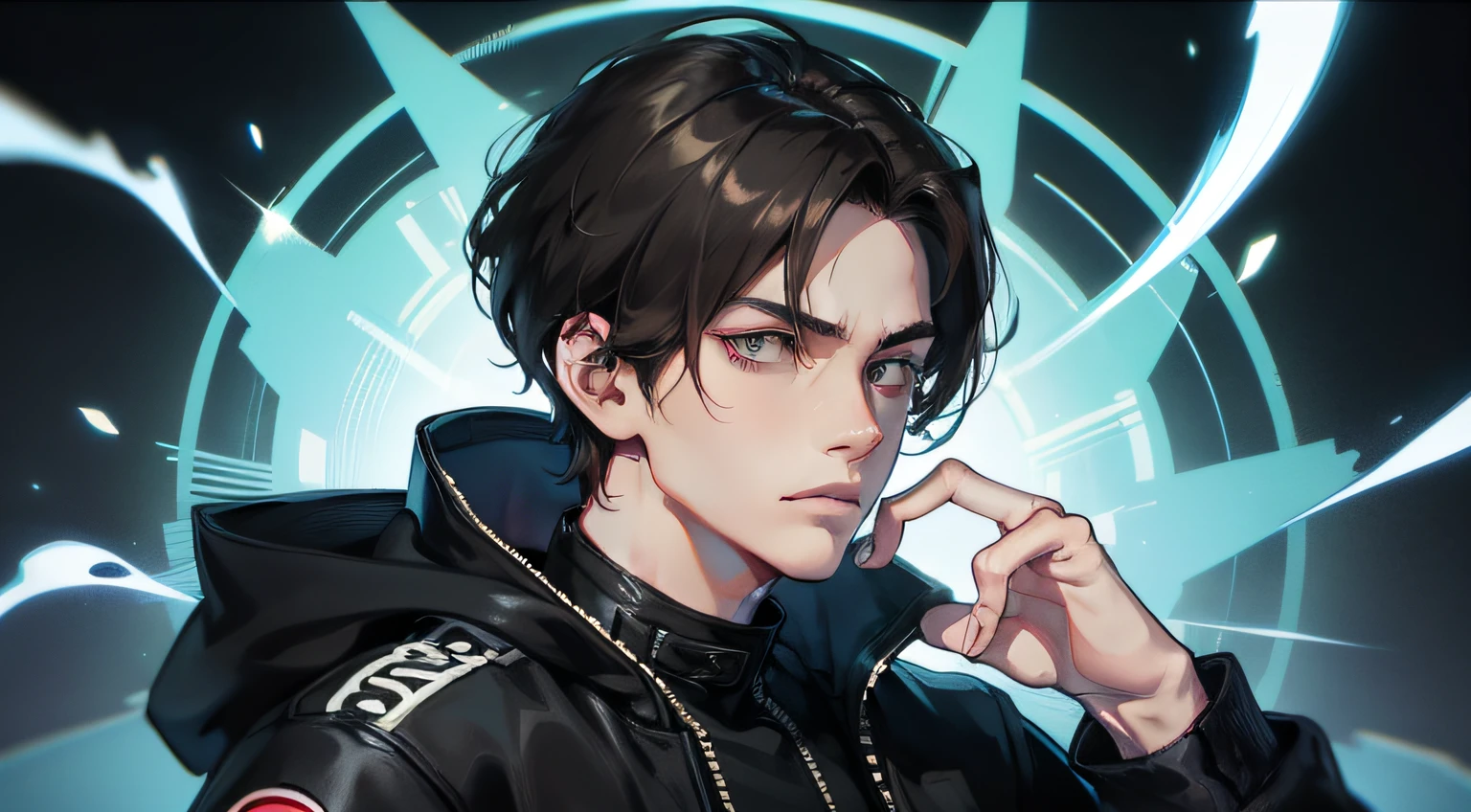 A young man with upper body, straight face, short black hair, black storm jacket, hand supporting chin, looking thoughtful