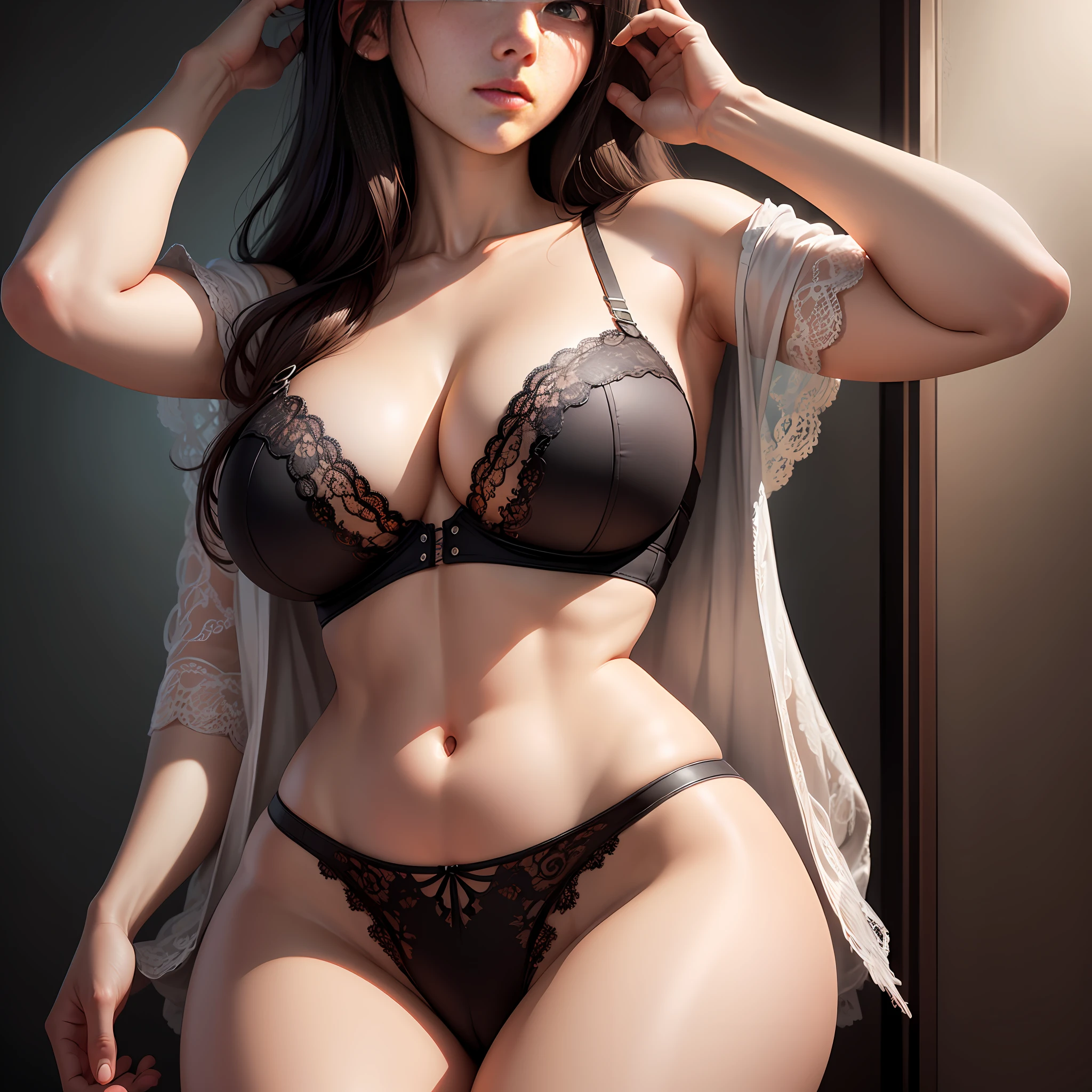 (hyperrealistic), (illustration), (high resolution), (8K), (extremely detailed), (best illustration), (beautiful detailed eyes), (best quality), (ultra-detailed), (masterpiece), ( wallpaper), (detailed face) Korean girl, big boobs, lace bra, hands behind her head, sexy, sweat --auto