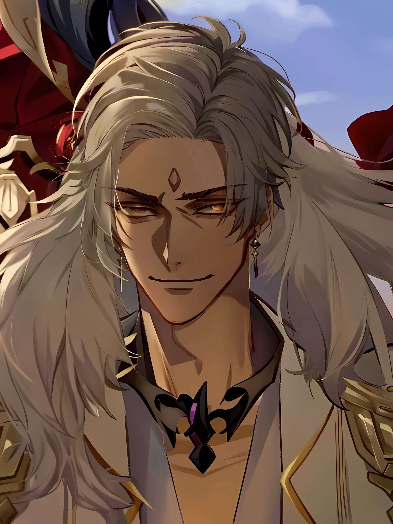 there is a male anime character with a white hair, xqc, delicate androgynous prince, character close up, beautiful androgynous prince, aion, character close-up, heise jinyao, the goddess artemis smirking, close up character, zhongli from genshin impact, childe from genshin impact, handsome, brown eyes,