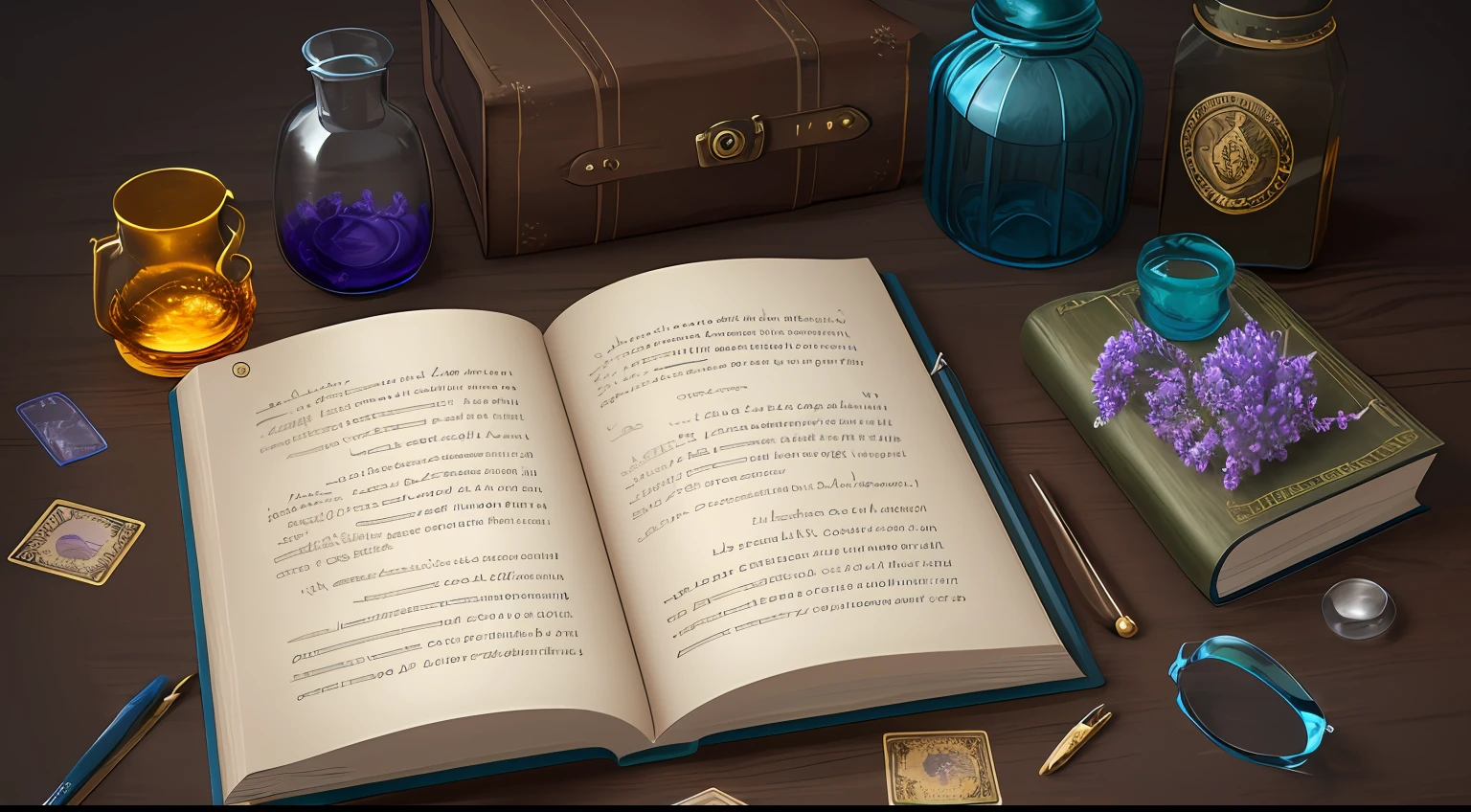 Best quality, rich detail, 4k, blender, octane render, C4D, clear glass texture, DDicon, blue|orange, notebook spread, a book, manuscript, ring, flip book, manuscript, magic book, scattered paper, scroll, kraft paper, classical, elegant, gothic, magic, Hogwarts, tarot cards, vintage, magic, glass bottle, herb, wand, hyacinth --auto
