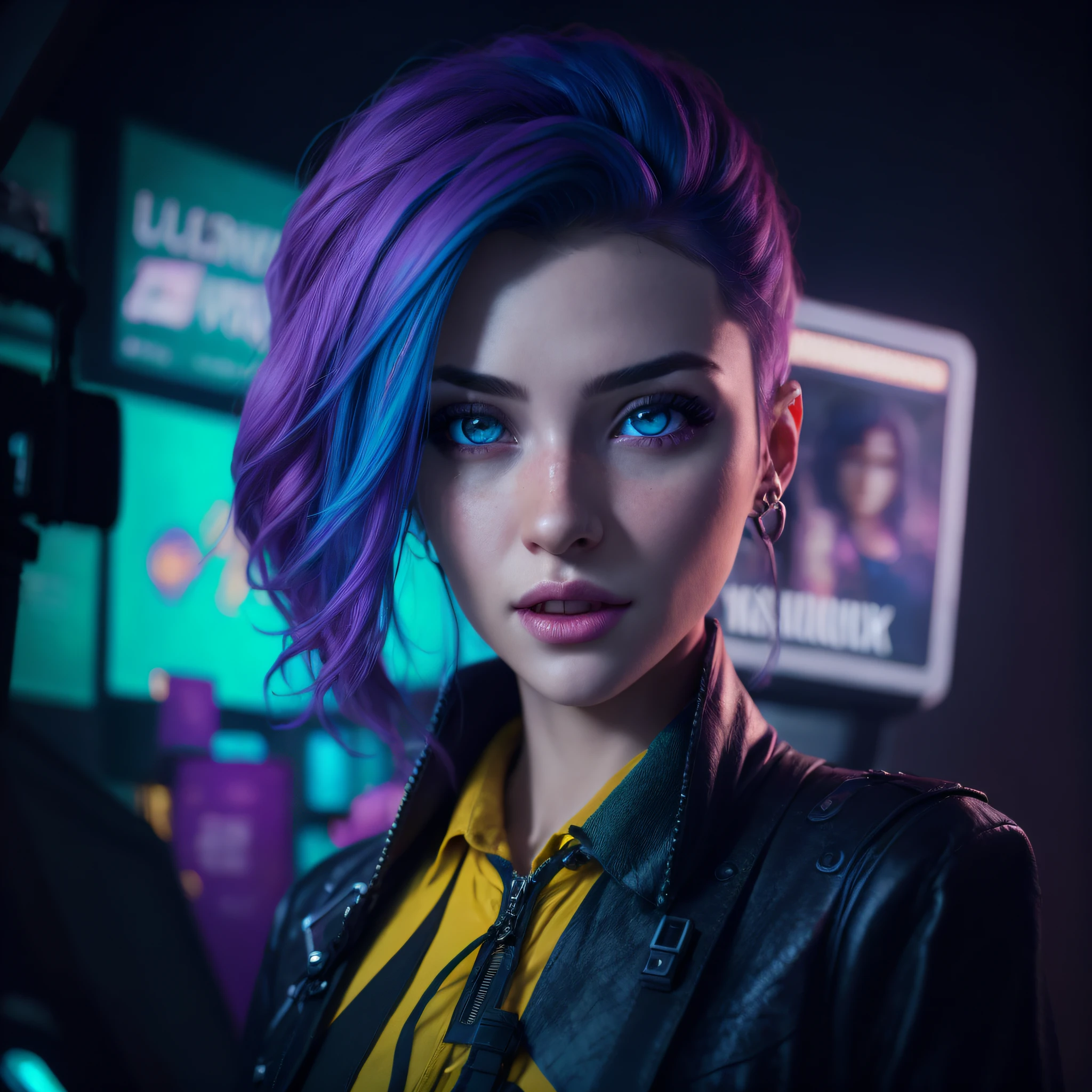 arafed woman with purple hair and blue eyes in a recording studio, cyberpunk art ultrarealistic 8k, the cyberpunk girl portrait, cyberpunk beautiful girl, hyper-realistic cyberpunk style, dreamy cyberpunk girl, cyberpunk portrait, cyberpunk 2 0 y. o model girl, beautiful cyberpunk girl face, cyberpunk jackie welles, 8k portrait render, cyberpunk vibrant colors --auto