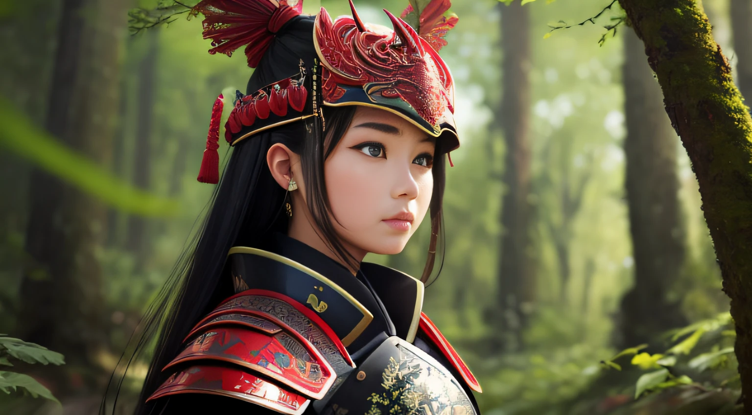 cute girl wearing red samurai armor, in forest, futuristic, high quality, high detail