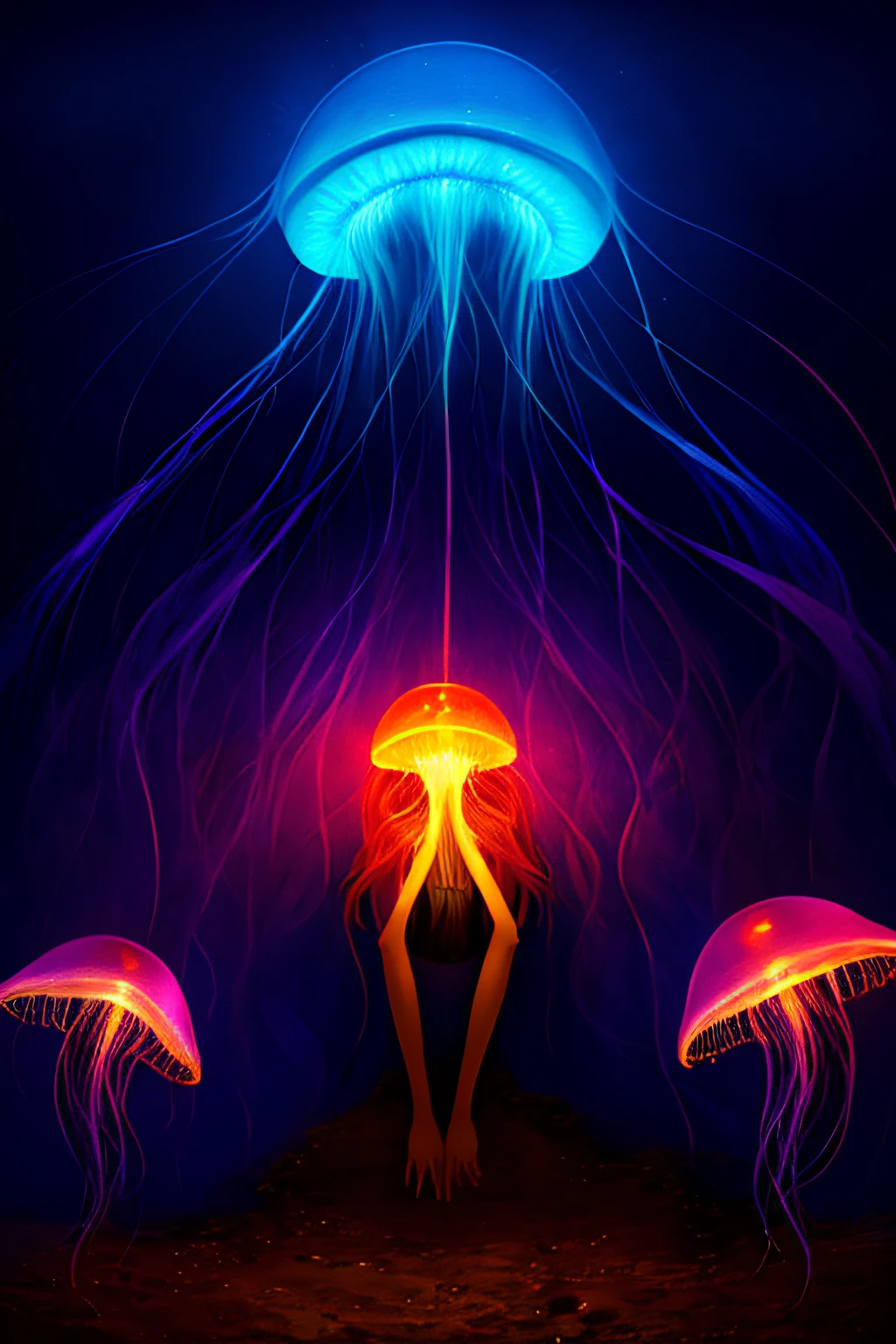 Colorful, no humans, jellyfish, landscape, 1girl, upper body,