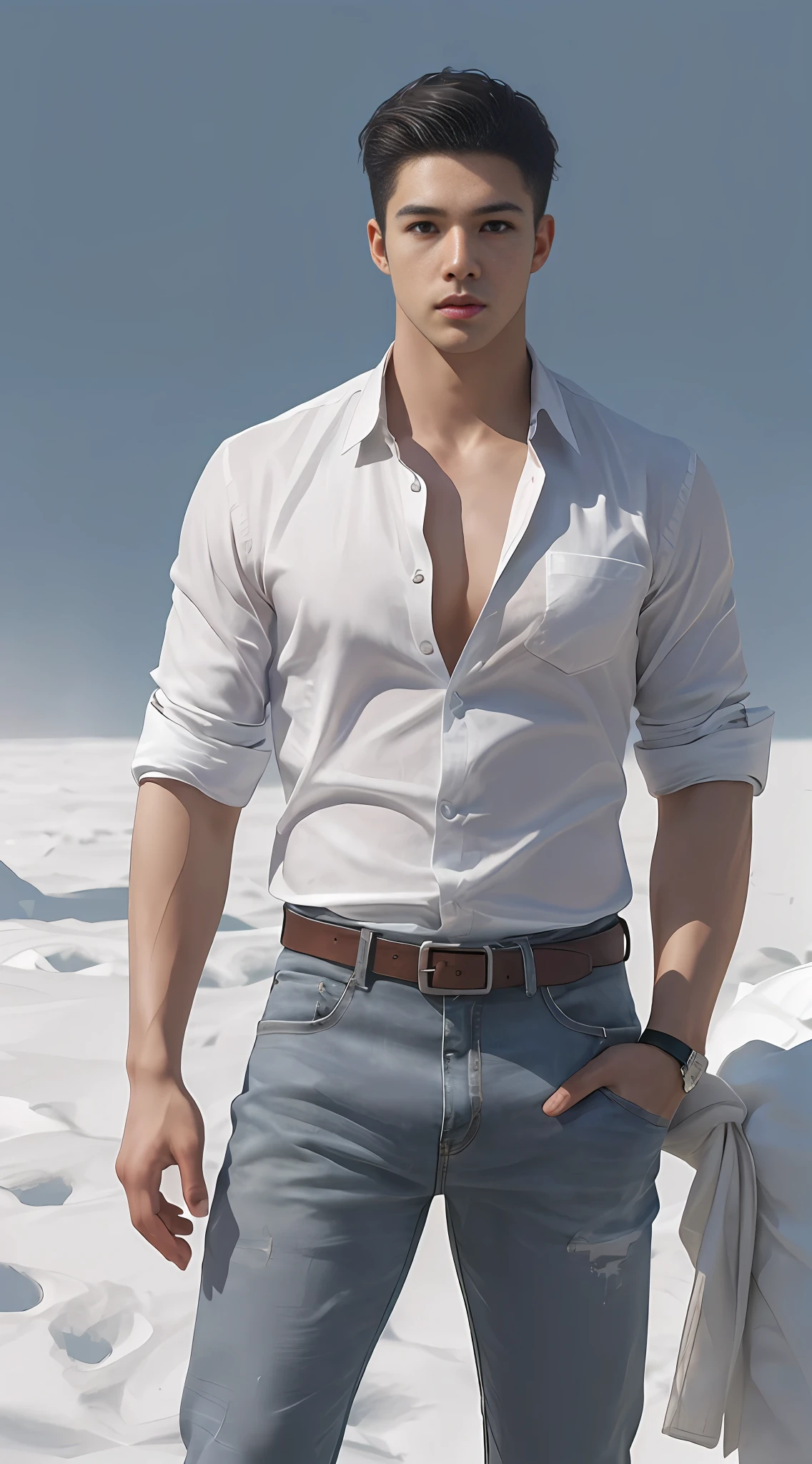1 man, (male)) hot skin, masterpiece, best quality, most handsome man in the world, perfect body, masculine male model, an attractive man 22-27 years old aesthetic, rough and handsome young man in gray jeans, transparent shirt, pectoral muscles with breast studs (male focus), sweat, blue sky and white clouds, sunlight, dynamic pose, cool and seductive, dramatic lighting, full body shooting, full body shooting, young face, body without hair, thin tall, fitting body, tall, dominant, Caucasian or white skin, firm body, HD, natural flesh tones, soft light, highly detailed, looking at the viewer, photography, detailed skin, real person, realistic, realistic, photorealistic real, crazy detail, facial detail, hype minimalism, hype surrealism, film, telephoto, lighting complex detail, highly detailed, highly detailed, digital painting, artstation, concept art, smooth, sharp focus, illustration, unreal engine 5, 8K, Ross Tran and Greg Art by Rutkowski and Alphonse Mucha, UHD, 8k, Show Men Only .8k Ultra HD, DSLR, Dim Lighting, High Quality, Film Grain, Fujifilm XT3, Men's Fan, Male Model, Poster Shooting Style, Wide Shoulders, Thin Waist, Long Legs, Masculine, Tough Guy, Height 1.90cm High, Shortest hair, no bangs, forehead, extremely short hair, undercut, full body