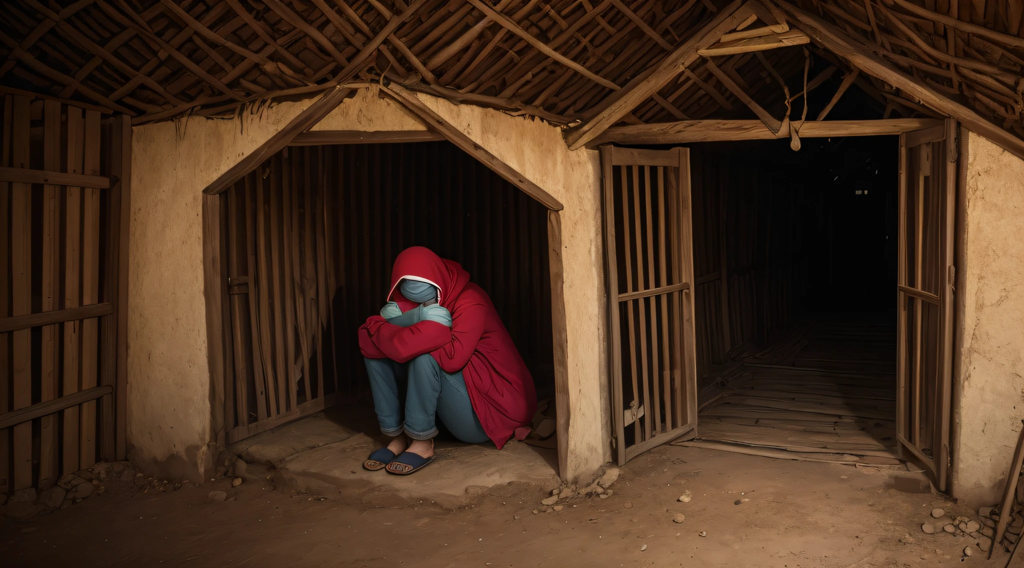 woman with her mouth covered, inside a dark hut, sad woman kidnapped, --auto
