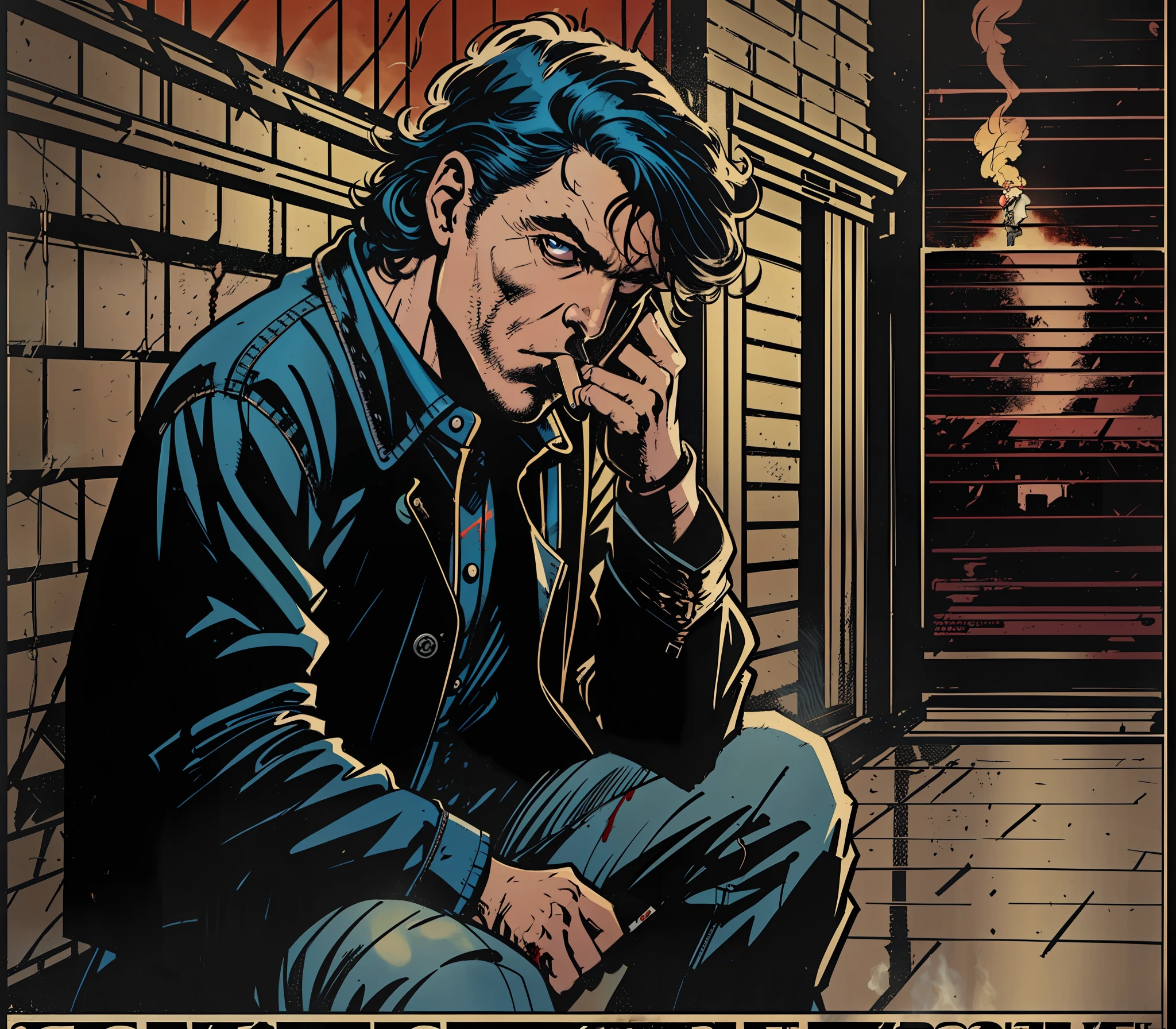 Depressed man dressed in a black coat and jeans sitting smoking a cigarette in a dark alley, his hair is black and has blood stain on his arm ((((Serial poster art)))