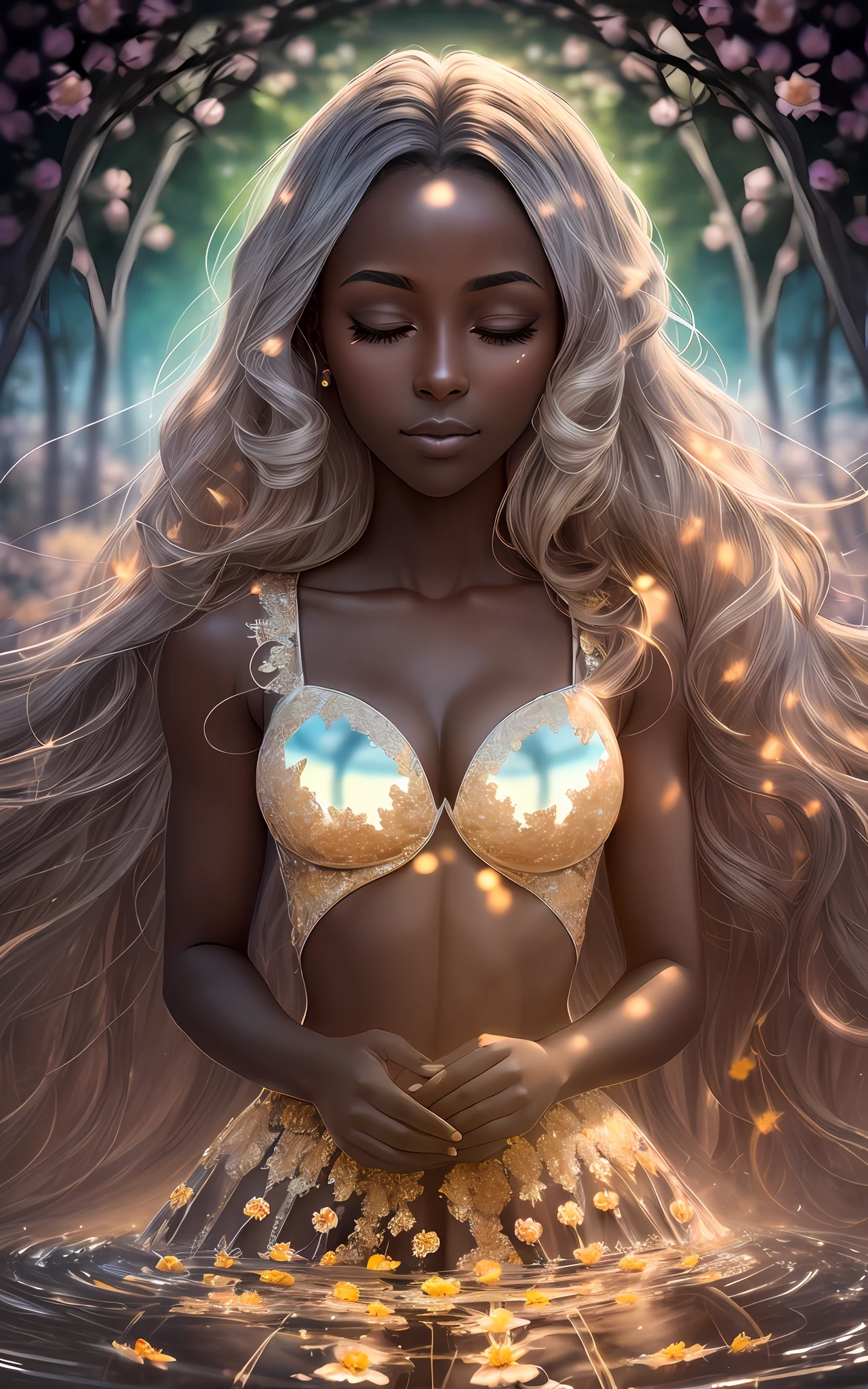 award winning 64k concept art of (dark skin 1girl:1.3) in majestic open dress made of flowers near the lake bravely, posing, epic, god rays, centered, upper body, (masterpiece:1.2), (best quality:1.3), Amazing, highly detailed, beautiful, finely detailed, warm soft color grading, Depth of field, extremely detailed 64k, fine art, stunning, iridescent, (shiny:1.2), (light reflections:1.3), (crisp:1.6), silver curls, spring, vibrant, sunlit, (edge detection:1.4), absurdres, impressive, 120mm, outlining, glittering, lights, closed eyes