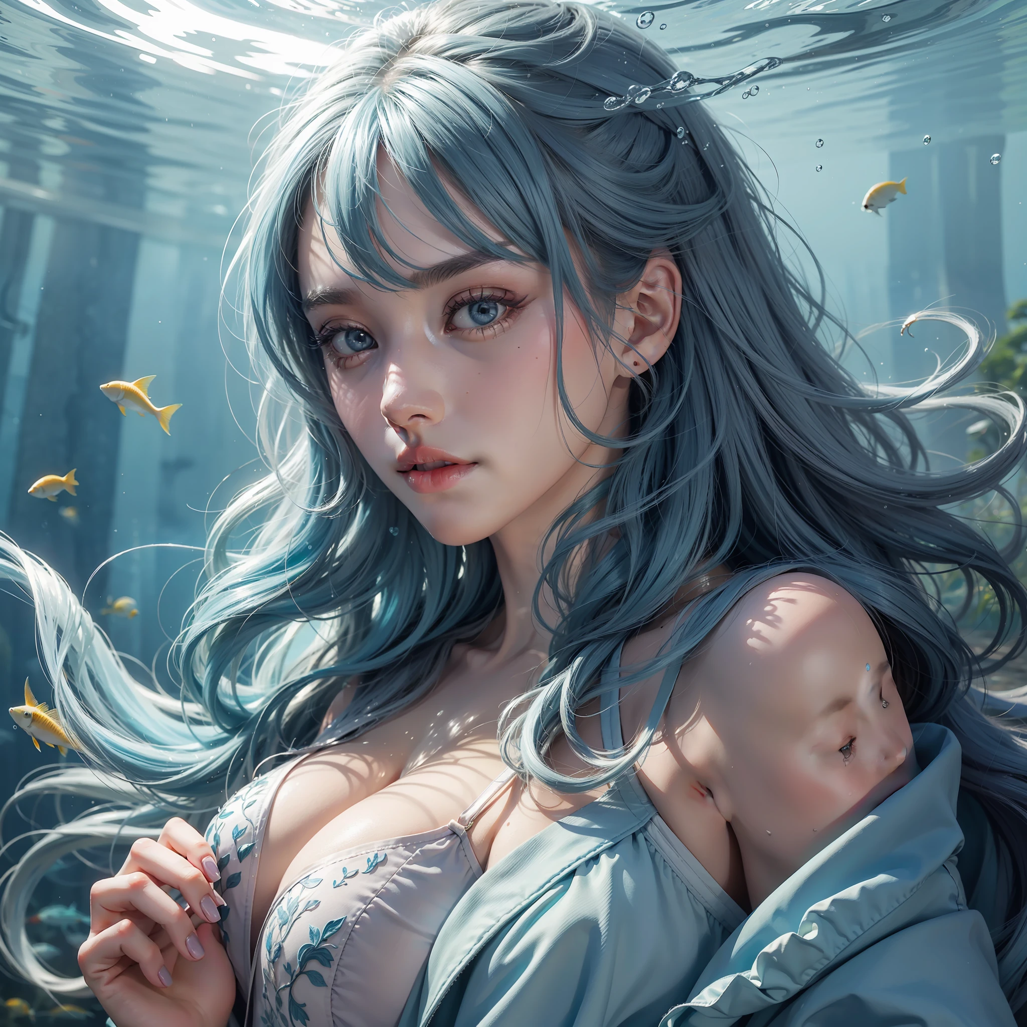 Beautiful light blue hair, elegant face, woman in blue robe, high quality, highest quality, real photo, whole body, underwater, shining light, school of fish