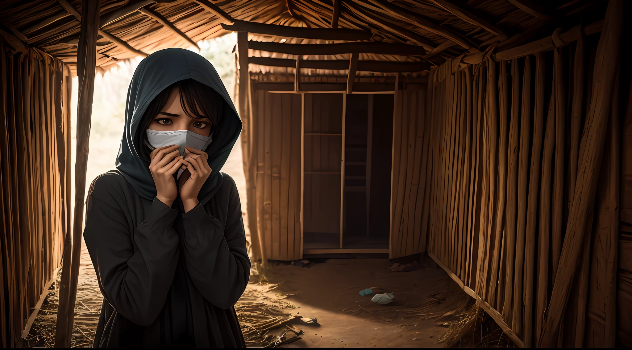 woman with her mouth covered, inside a dark hut, sad woman kidnapped, --auto