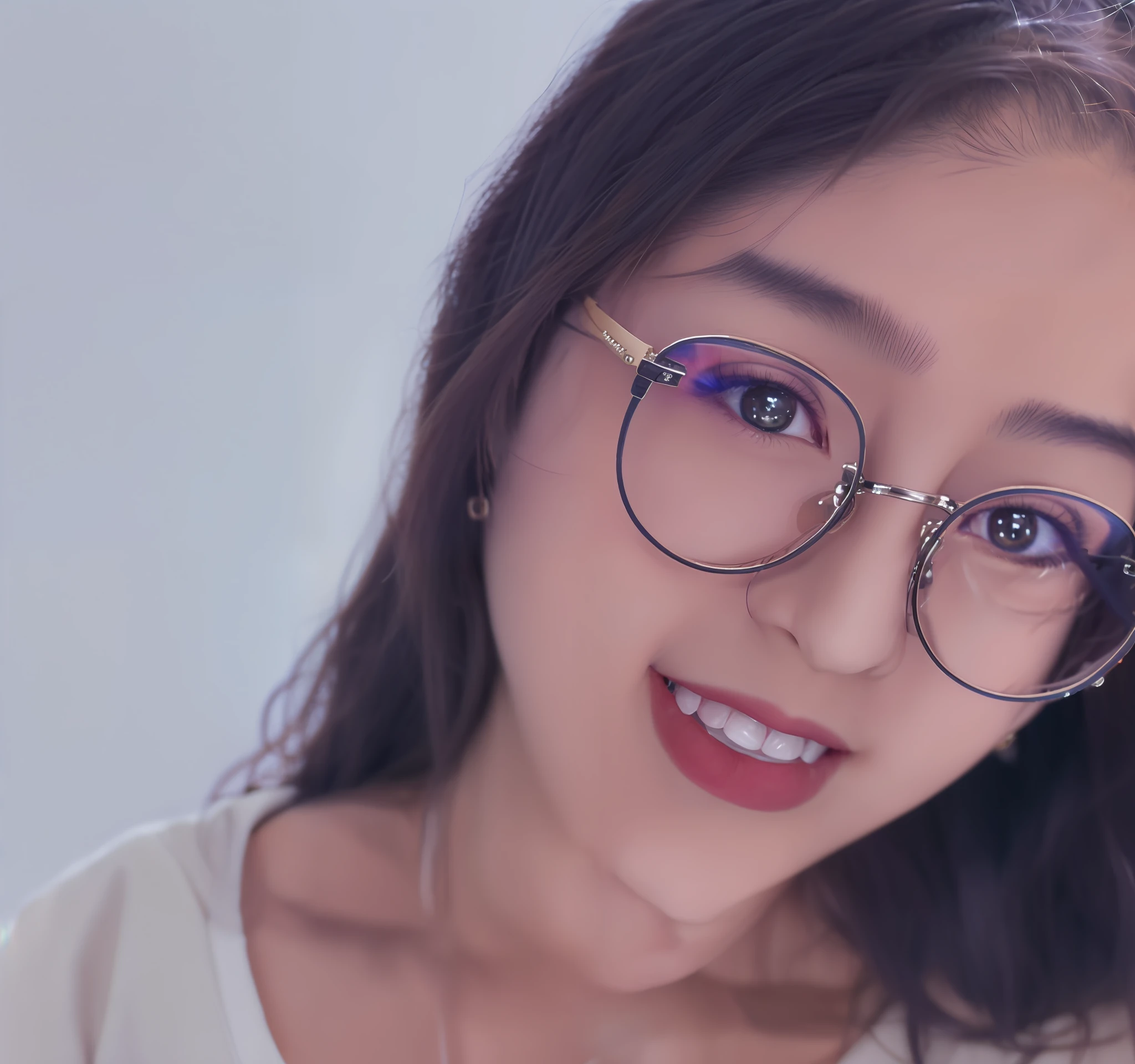there is a woman wearing glasses and a necklace with a necklace, wearing thin large round glasses, wearing small round glasses, with glasses, girl wearing round glasses, round glasses, li zixin, wearing round glasses, profile image, girl with glasses, glasses glasses, big round glasses, eyeglasses, clear cute face, headshot profile picture, spectacled, very low quality