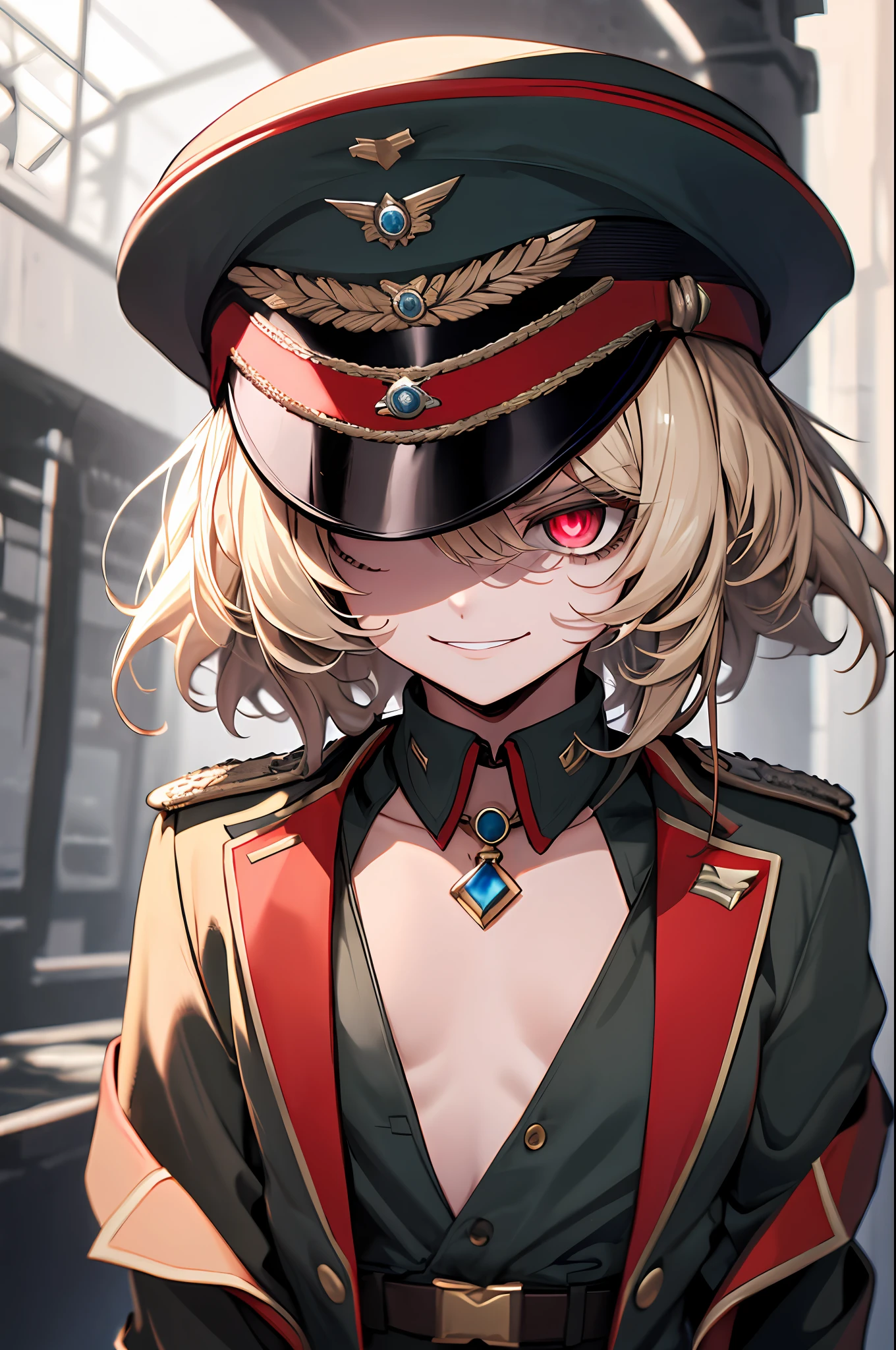 (masterpiece, best quality: 1.1), 1girl solo, tanya, 1girl, solo, petite, flat chest, small breasts, curvy, military, military uniform, , general hat, evil smile, wicked expression, anger, red eyes, neutral lighting