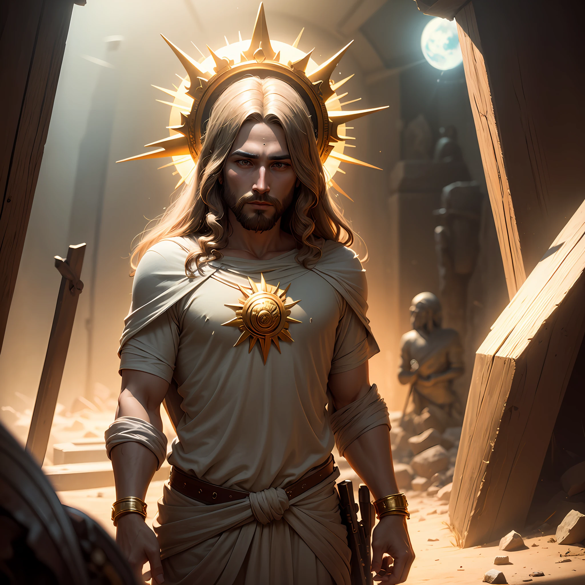 Highly detailed portrait of Jesus Christ Sun God Halo, Gold, Unreal Engine, Lost Fish, Earl Nolen, Global Illumination, God Light, Detailed and Intricate Environments, Elden Ring style --auto