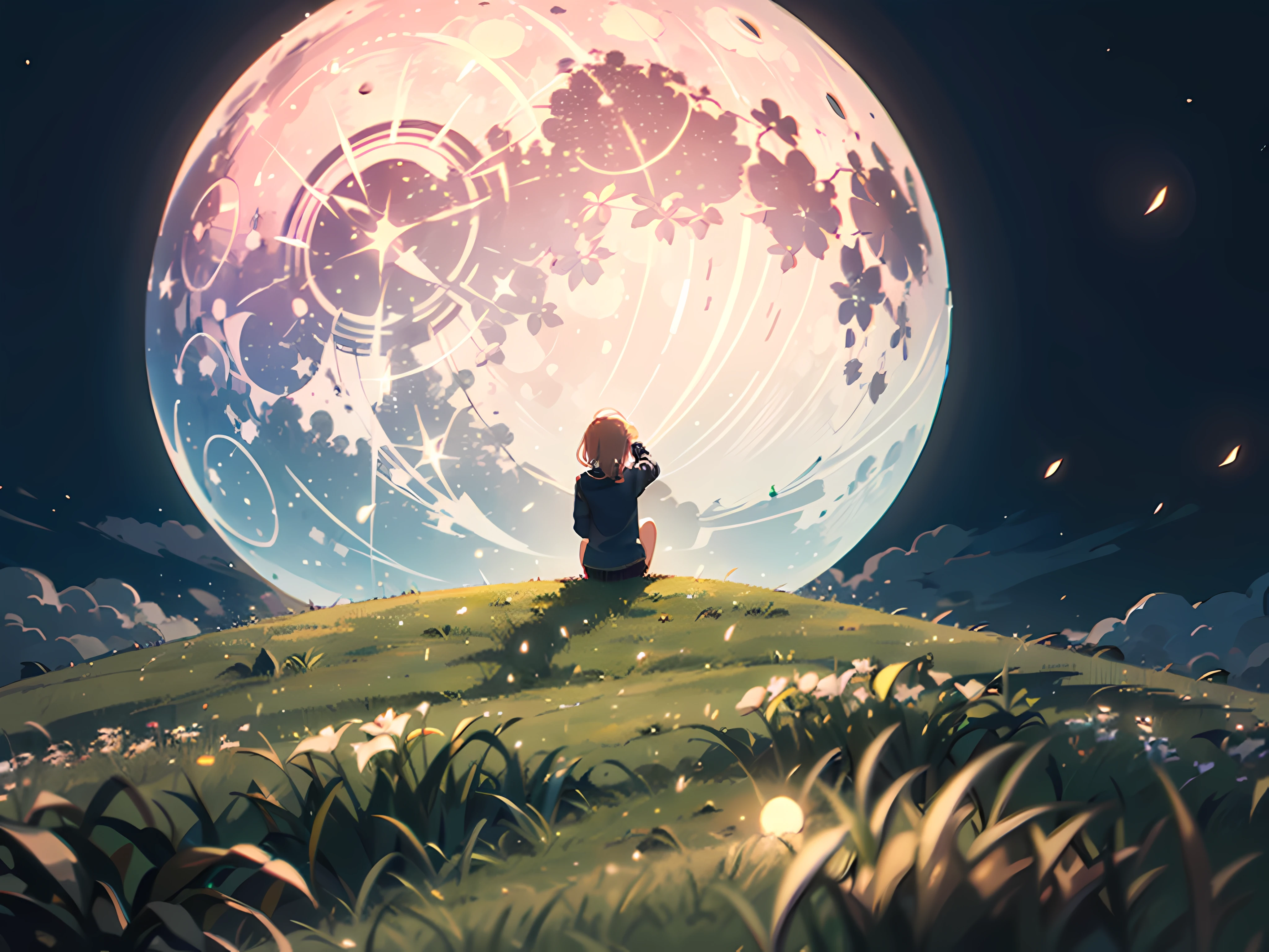 ((masterpiece)), (bokeh effect), (bright (full) moon), sitting, on the hill, looking up, dark sky, from behind, back, grassy terrain, night, exterior