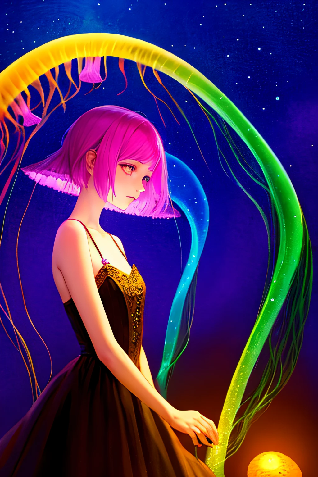 Colorful, no humans, jellyfish, landscape, 1girl, upper body,