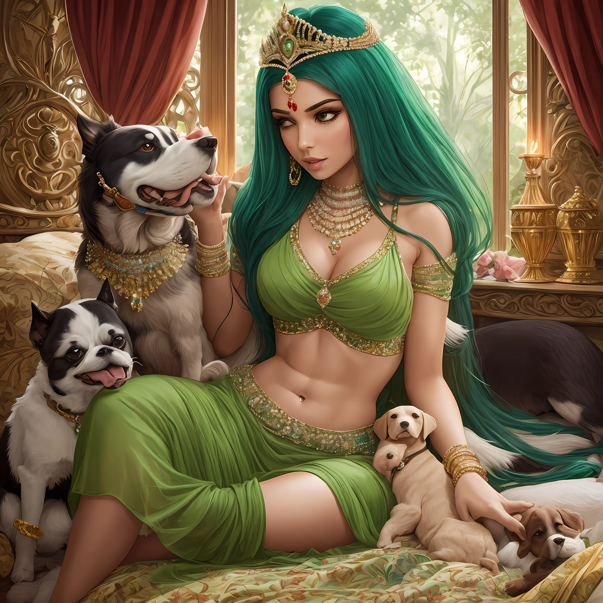 "Indian princess showcasing her toned stomach and long legs, adorned in an elegant jeweled light green dress, amidst a picturesque in bed. Playfully interacting with her dogs and dog licking princess leg. Realistic depiction with intricate details." --auto