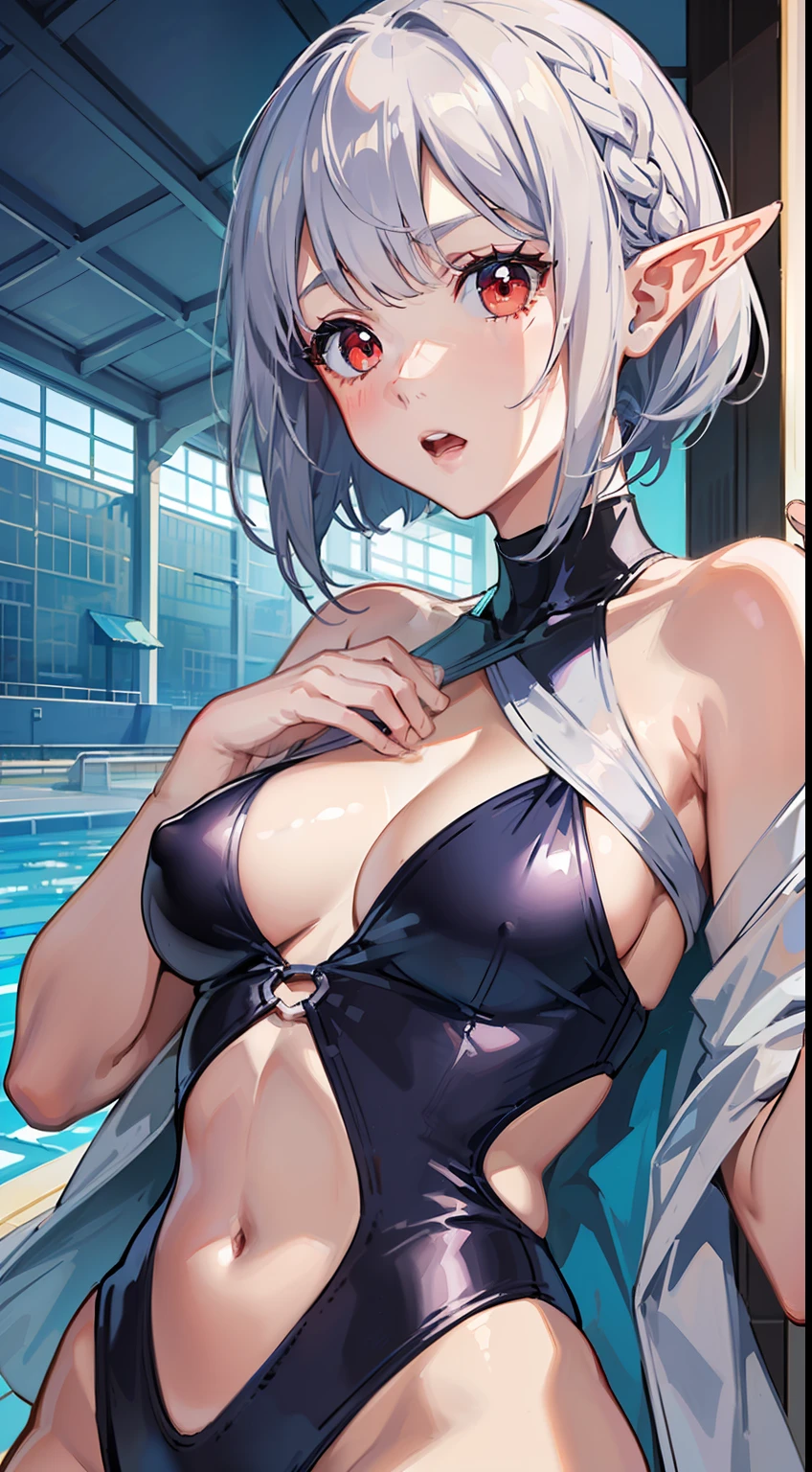 ((Put your hands on your chest)), (surprised)), (Red face), Close up of one girl, Elf, Silver hair, Red eyes, Braid hair, Bob cut, Swimwear, One piece swimsuit, Swimming pool, TS, Concept art, Beautiful anime scene, Beautiful anime scene, Best quality, Masterpiece, 4K