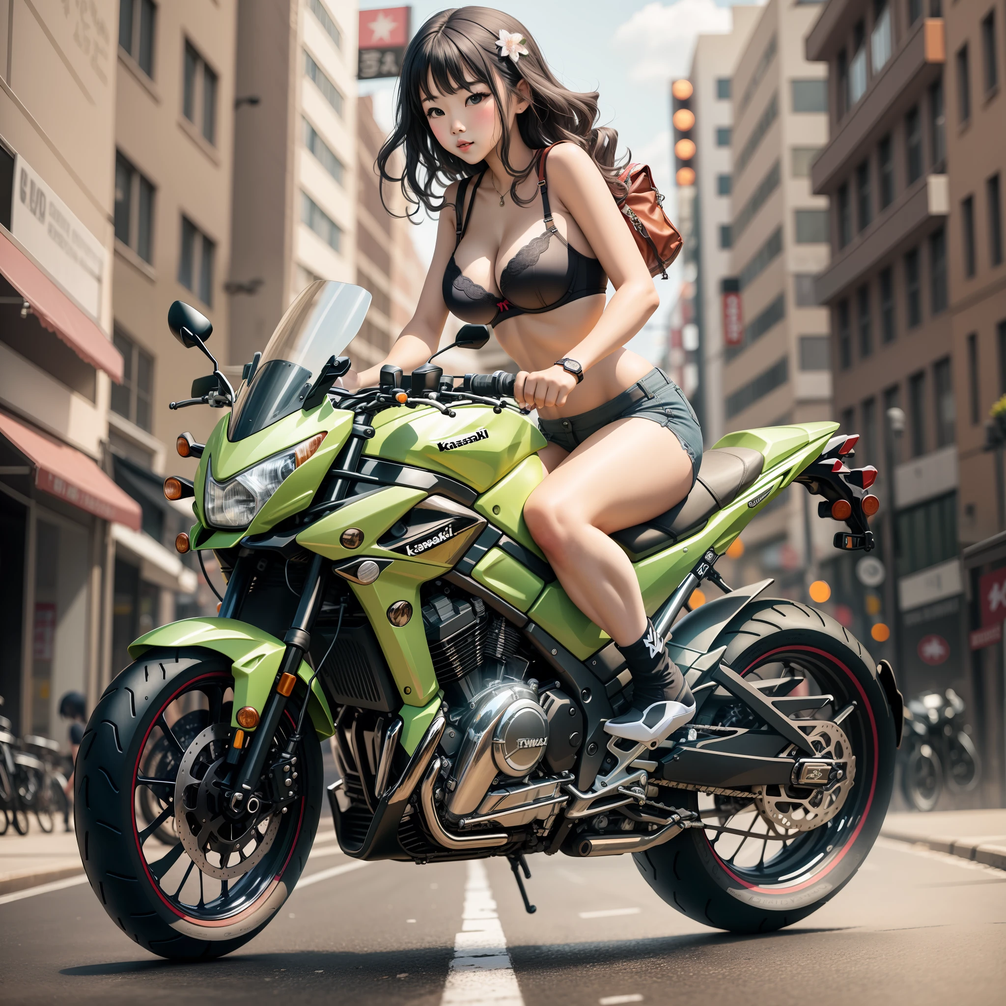 A girl riding a kawasaki motorcycle, short clothes and bra, slipper