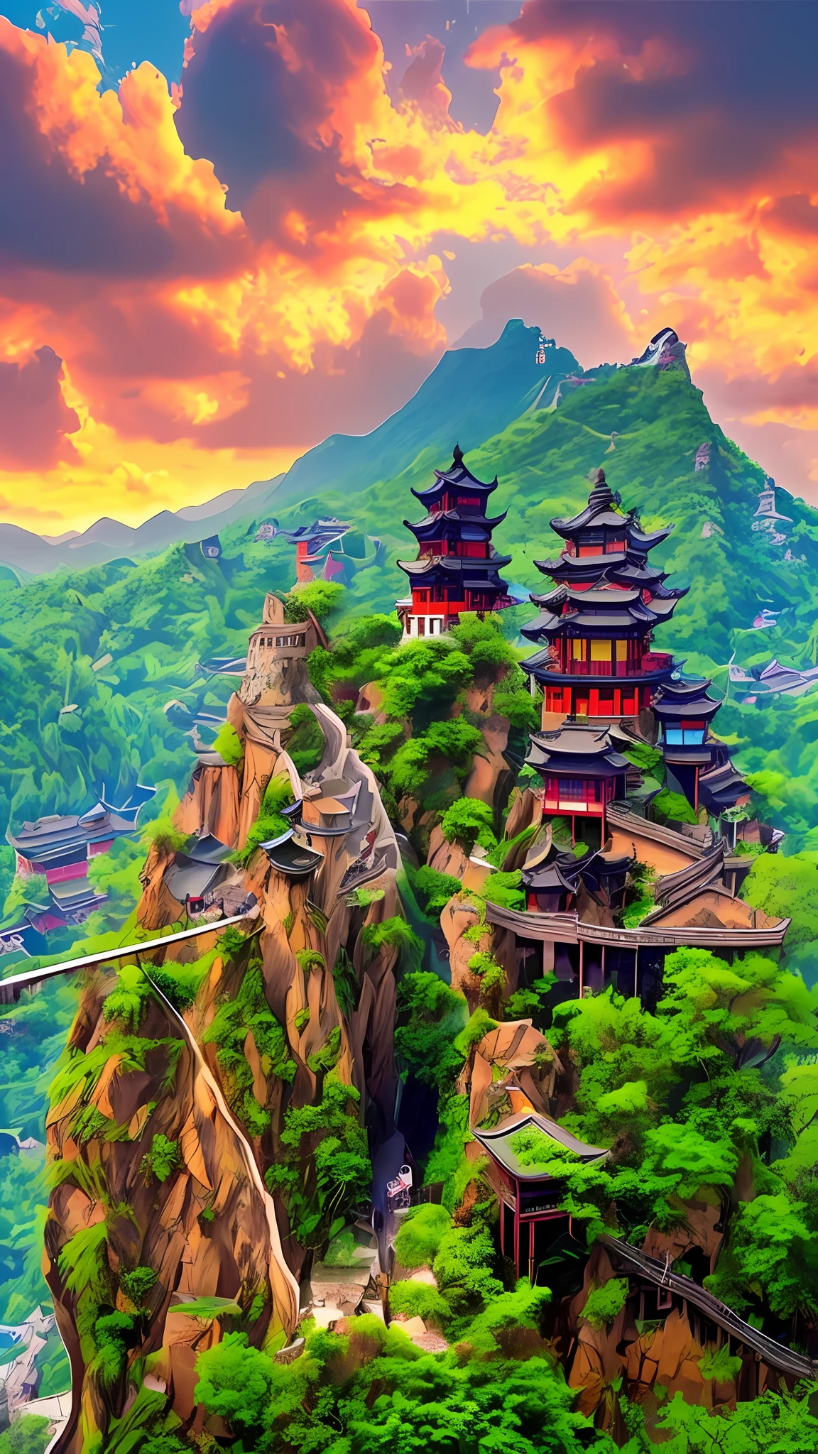 there is a large mountain with a bridge and a building on it, cyberpunk chinese ancient castle, mountain fortress city, ancient chinese architecture, pagodas on hills, dreamy chinese town, chinese village, ancien chinese tower, the taoist temples of huangshan, taoist temples and monks, buildings carved out of stone, chinese architecture, chinese landscape, guangjian