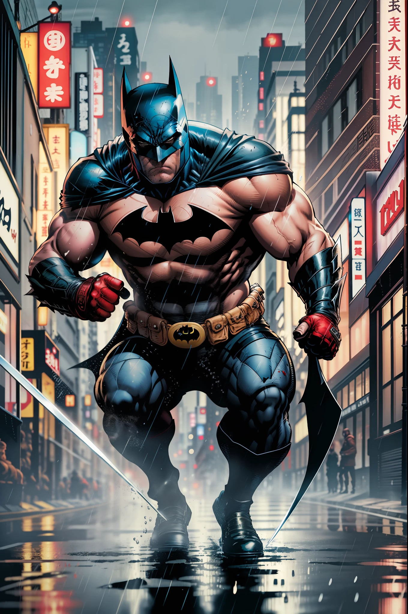 Batman against the soldiers of the Yakuza (Mafia of Japan), the scene of a fight with one of the soldiers of the Yakuza holding a samurai sword that strikes the body of Batman, a lot of blood on the ground, the night, heavy rain, wet body, neon of the shops, batsign in the sky of Tokyo,64k, Cartoon, DC Comics, detailed, high definition, ultra resolution,  realistic, Fujifilm XT3, Dark ilumination, angry, darkness, ultra definicion, Dark City, action scene
