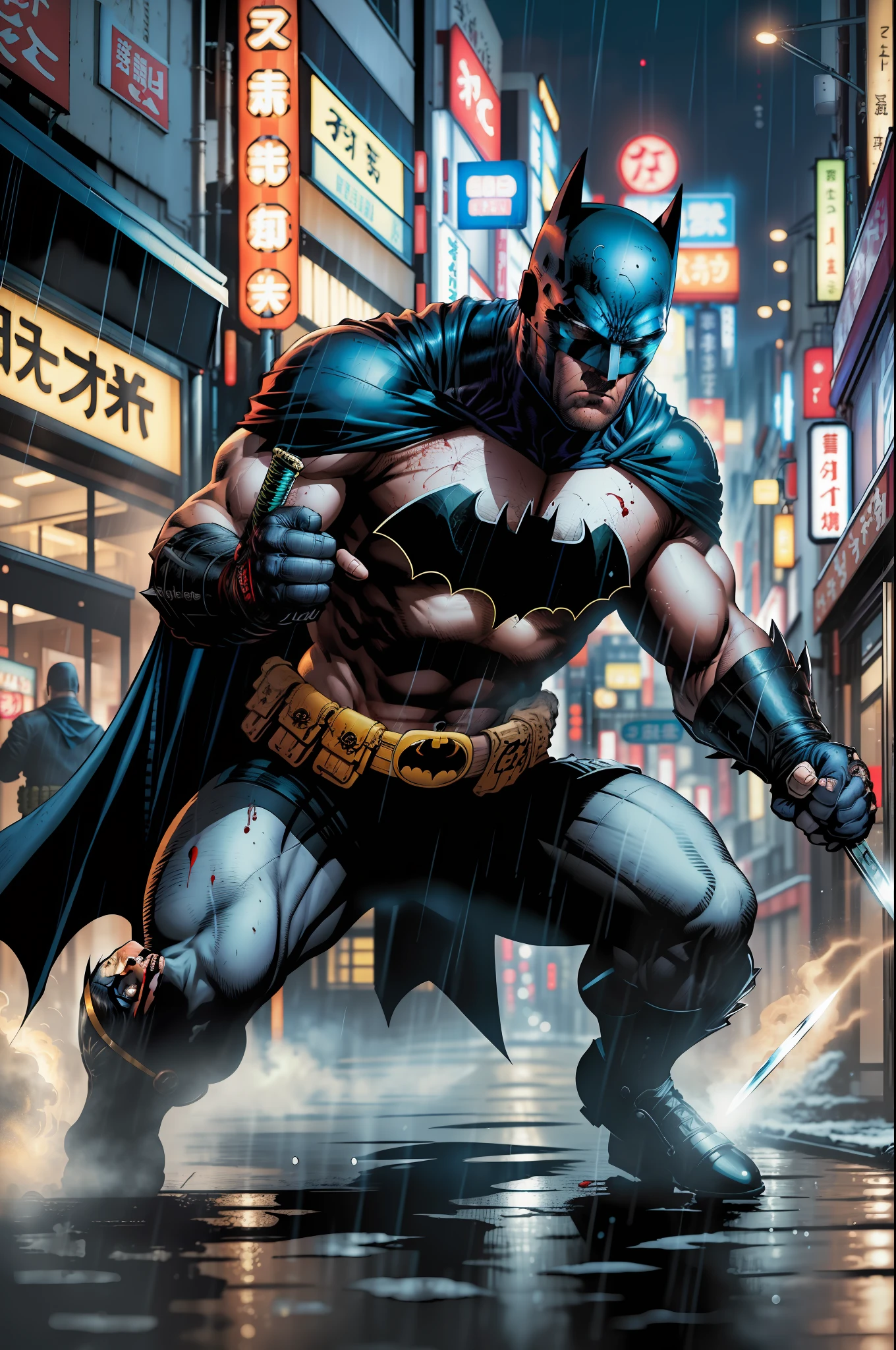Batman against the soldiers of the Yakuza (Mafia of Japan), the scene of a fight with one of the soldiers of the Yakuza holding a samurai sword that strikes the body of Batman, a lot of blood on the ground, the night, heavy rain, wet body, neon of the shops, batsign in the sky of Tokyo,64k, Cartoon, DC Comics, detailed, high definition, ultra resolution,  realistic, Fujifilm XT3, Dark ilumination, angry, darkness, ultra definicion, Dark City, action scene