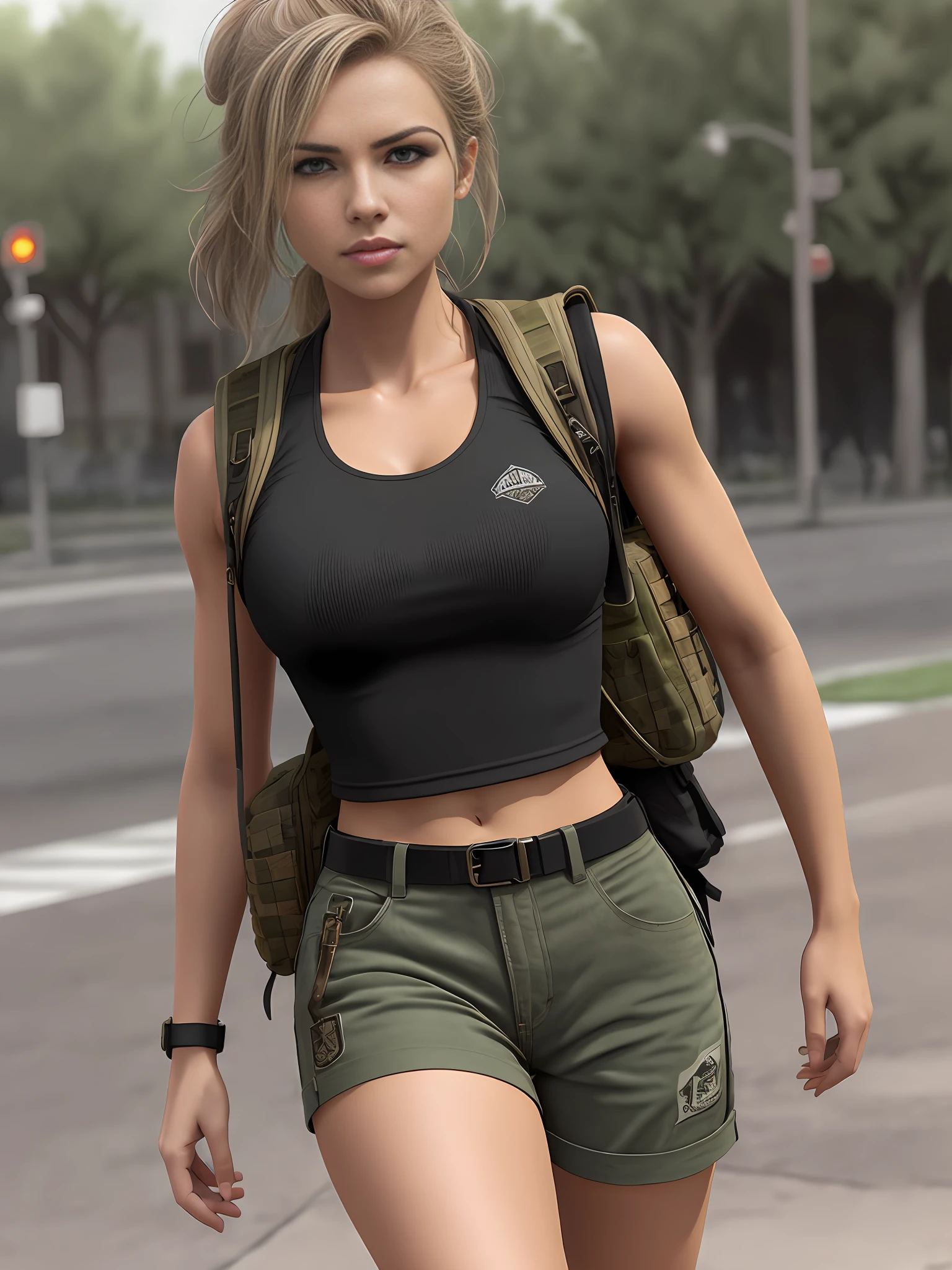 fit girl on the street, desert military vest, backpack, epic realistic, photo, faded, complex stuff around, neutral colors, ((((hdr)))), ((((muted colors)))), intricate scene, artstation, intricate details, vignette, heavy military vest:1.2, military shorts, closed clothing, conservative look, safe for work:1.2, sfw:1.2, perfect anatomy, tactical vest:1.2, large tactical vest