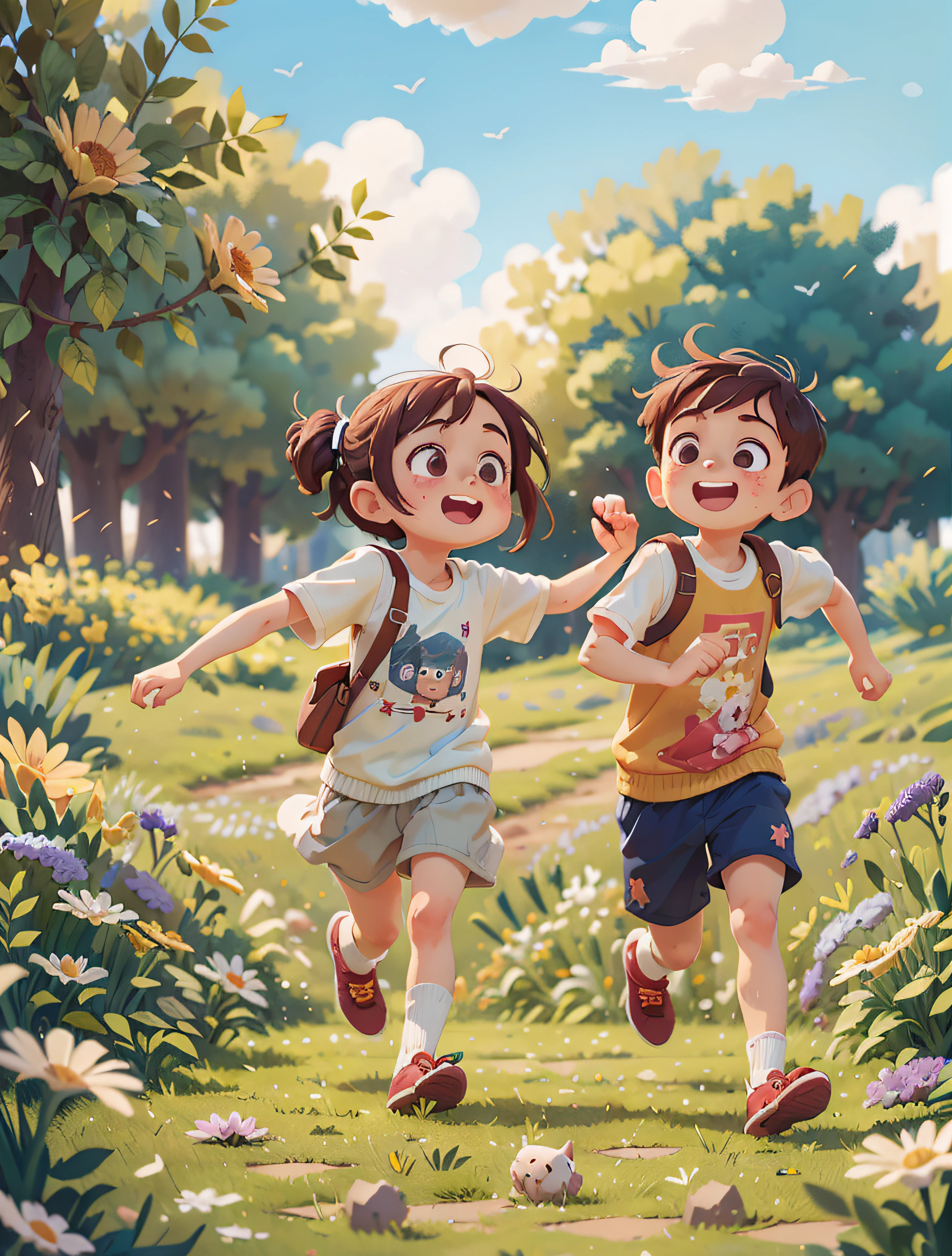 ((Best Quality)), ((Masterpiece)), 1 Girl 1 Boy Running, Happy, Big Eyes, Looking Ahead, Spring Excursion, Grass, Falling Flowers, Blue Sky and White Clouds in the background, Perfect Face, Intricate Details, Clear Focus, Ultra Low Vision, Wide Angle Lens, V6