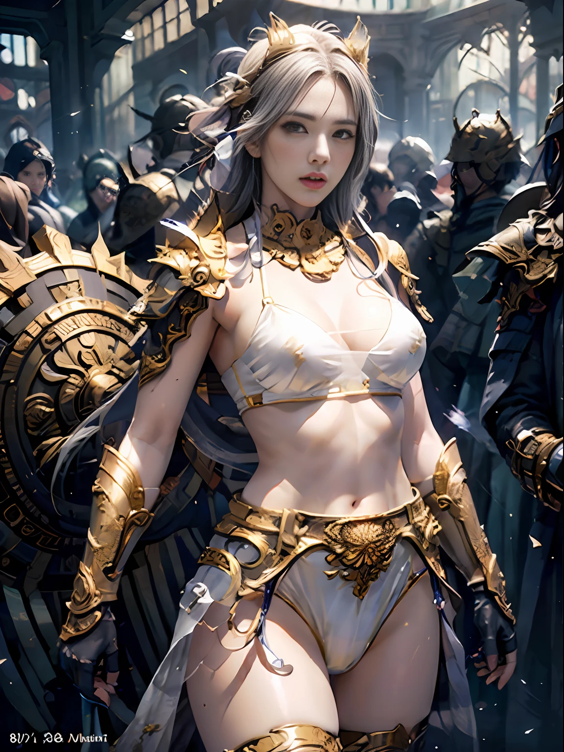Official Art, Unity 8k wallpaper, ultra detail, masterpiece, best quality, one woman, (very detailed),(RAW photo, best quality),(realistic, photorealistic:1.3),high definition, opening your mouth lightly, ultra-detailed complex 3D rendering of face, (big breasts: 8.8), (highly detailed skin: 1.2), (exposure: 1.1), beautiful caucasian woman with big ass full soft breasts and white skin, (Topless), breasts,((beautiful gray hair)) , yellow eyes, long hair, ( ( transparent silk blue micro bikini)), dynamic angle, mystical expression, fire glow effect, fantasy background, rim lighting, side lights, cinematic lights, ultra high definition, 8k , film grain,best shadows, light particles, detailed skin texture, detailed face, golden eyebrows, ultra detail, view viewers, ((Strong armor of gold shining with detail)), cleavage, slender abs, having shining weapons, holding a beautiful shield, Paul Dron, (detailed and ornate crown)), glowing eyes, long purple cloak, fantasy, (realistic),