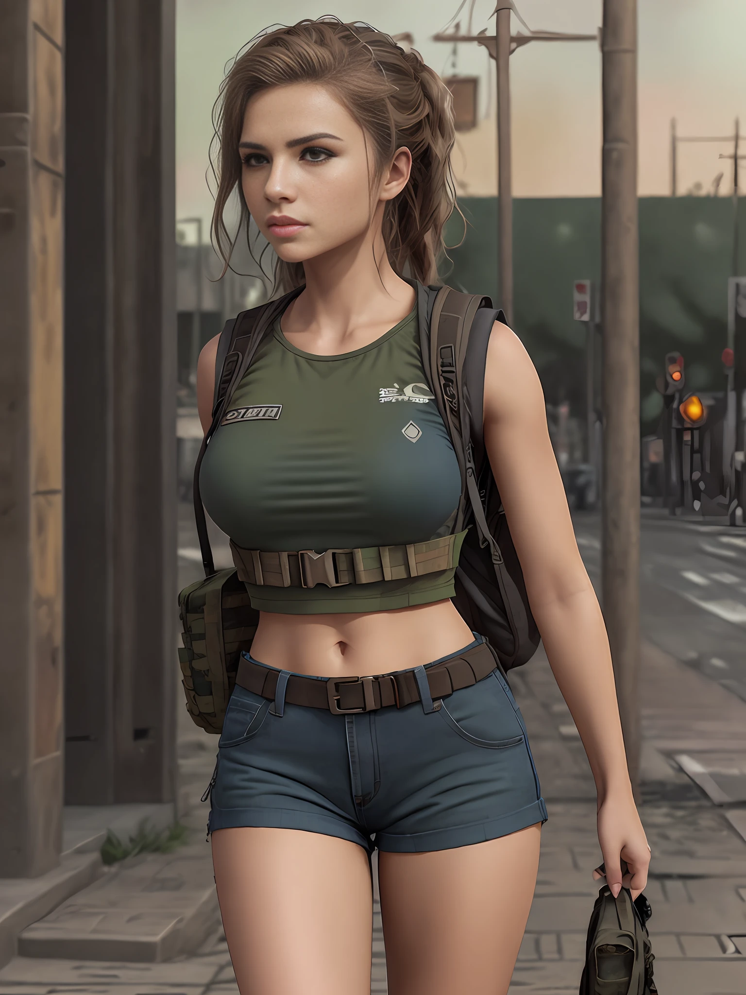 girl, on the street, desert military vest, backpack, epic realistic, photo, faded, complex stuff around, neutral colors, ((((hdr)))), ((((muted colors)))), intricate scene, artstation, intricate details, vignette, military gear, military shorts, closed clothing, conservative look, safe for work:1.2, sfw:1.2, tactical vest