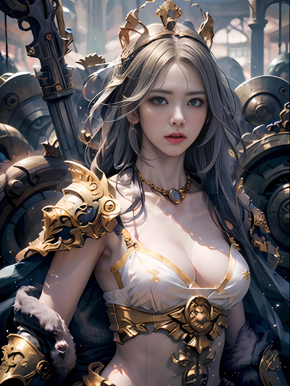Official Art, Unity 8k wallpaper, ultra detail, masterpiece, best quality, one woman, (very detailed),(RAW photo, best quality),(realistic, photorealistic:1.3),high definition, opening your mouth lightly, ultra-detailed complex 3D rendering of face, (big breasts: 8.8), (highly detailed skin: 1.2), (exposure: 1.1), beautiful caucasian woman with big ass full soft breasts and white skin, (Topless), breasts,((beautiful gray hair)) , yellow eyes, long hair, ( ( transparent silk blue micro bikini)), dynamic angle, mystical expression, fire glow effect, fantasy background, rim lighting, side lights, cinematic lights, ultra high definition, 8k , film grain,best shadows, light particles, detailed skin texture, detailed face, golden eyebrows, ultra detail, view viewers, ((Strong armor of gold shining with detail)), cleavage, slender abs, having shining weapons, holding a beautiful shield, Paul Dron, (detailed and ornate crown)), glowing eyes, long purple cloak, fantasy, (realistic),