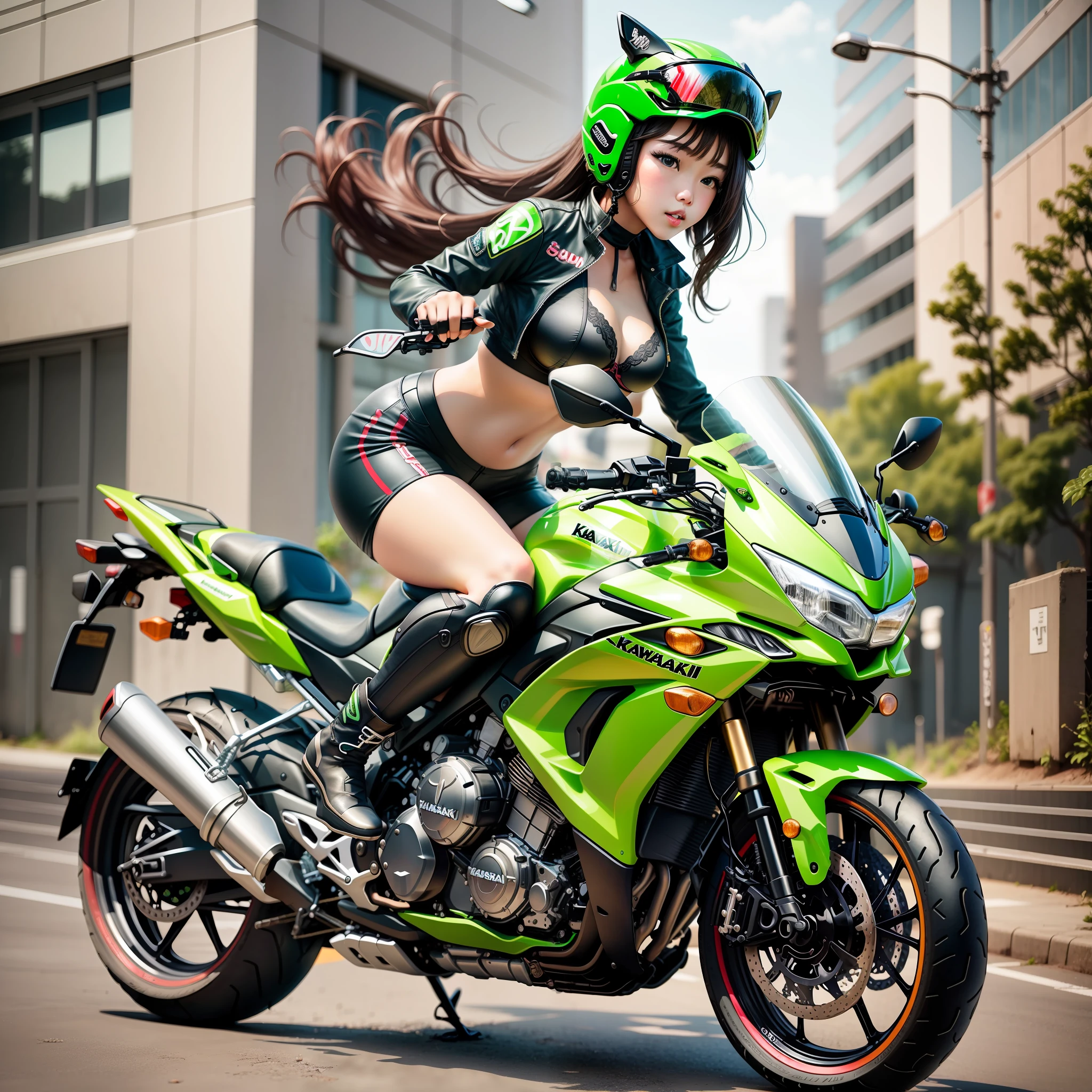 A girl riding a kawasaki motorcycle, short clothes and bra, slipper