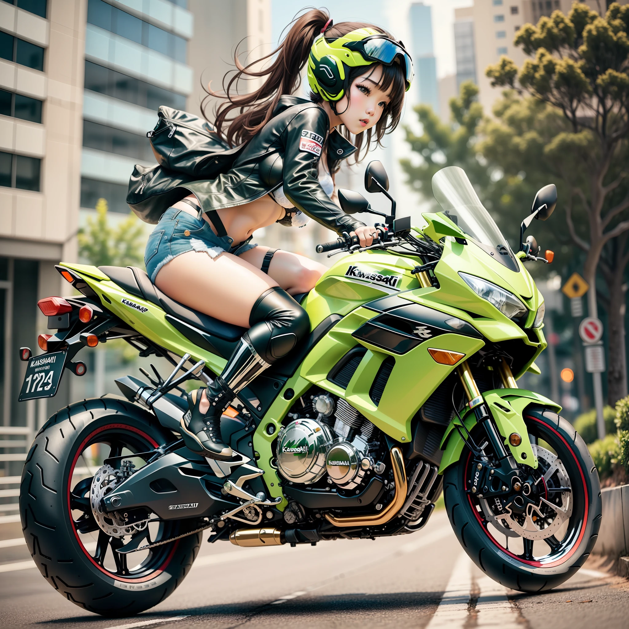 A girl riding a kawasaki motorcycle, short clothes and bra, slipper