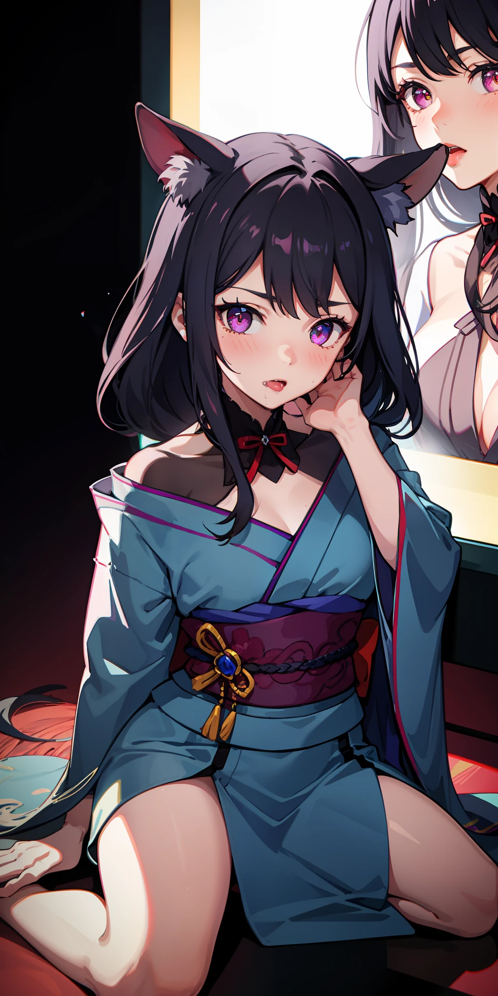 blush, kimono, 1girl, glowing eyes, portrait, nsfw, saliva, wallpaper, chromatic aberration,