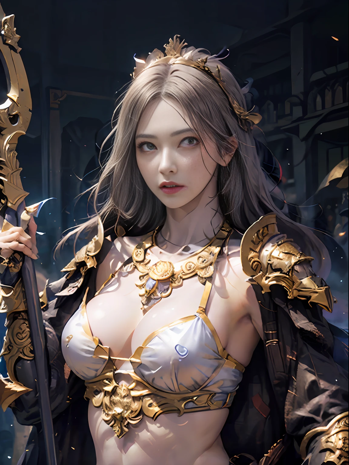 Official Art, Unity 8k wallpaper, ultra detail, masterpiece, best quality, one woman, (very detailed),(RAW photo, best quality),(realistic, photorealistic:1.3),high definition, opening your mouth lightly, ultra-detailed complex 3D rendering of face, (big breasts: 8.8), (highly detailed skin: 1.2), (exposure: 1.1), beautiful caucasian woman with big ass full soft breasts and white skin, (Topless), breasts,((beautiful gray hair)) , yellow eyes, long hair, ( ( transparent silk blue micro bikini)), dynamic angle, mystical expression, fire glow effect, fantasy background, rim lighting, side lights, cinematic lights, ultra high definition, 8k , film grain,best shadows, light particles, detailed skin texture, detailed face, golden eyebrows, ultra detail, view viewers, ((Strong armor of gold shining with detail)), cleavage, slender abs, having shining weapons, holding a beautiful shield, Paul Dron, (detailed and ornate crown)), glowing eyes, long purple cloak, fantasy, (realistic),