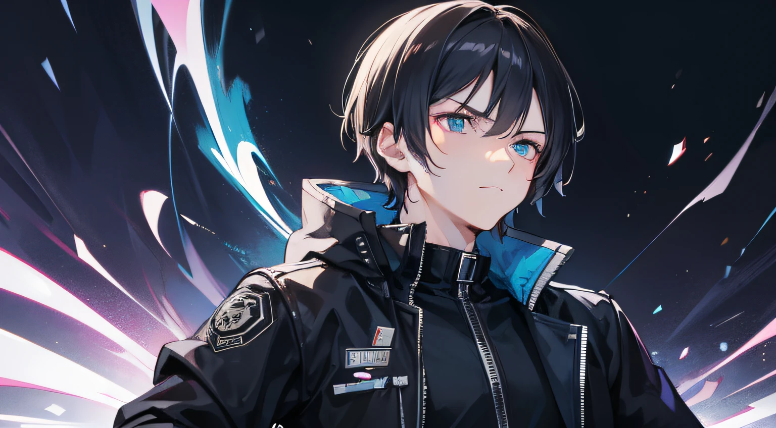 A young man with upper body, straight face, short black hair, black storm jacket, hand supporting chin, looking thoughtful