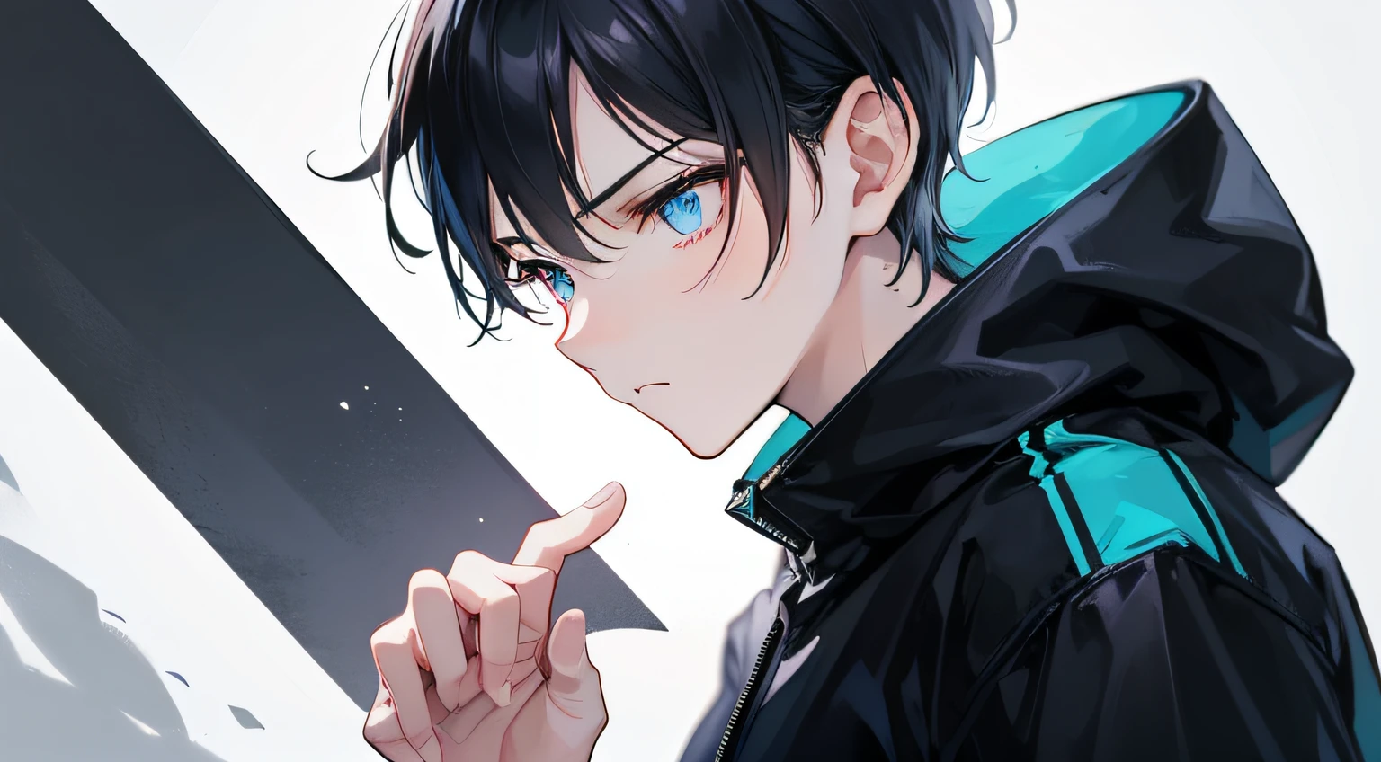 A young man with upper body, straight face, short black hair, black storm jacket, hand supporting chin, looking thoughtful