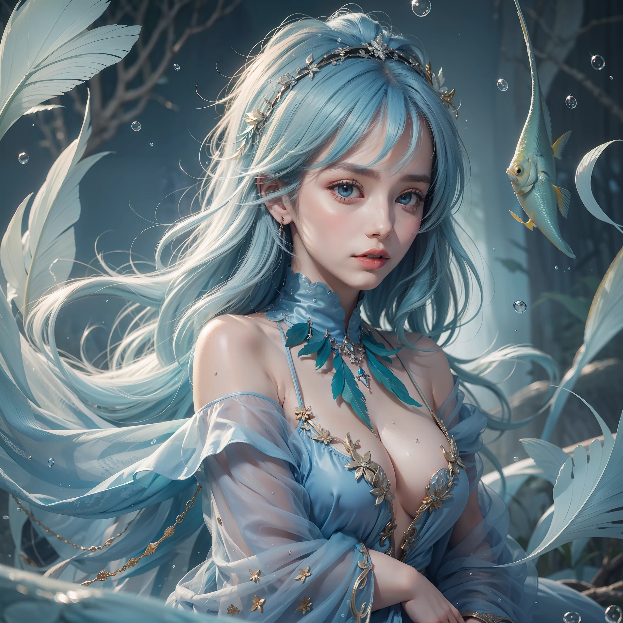 Beautiful light blue hair, elegant face, woman in blue feather robe, high quality, highest quality, real photo, whole body, underwater, shining light, school of colorful fish