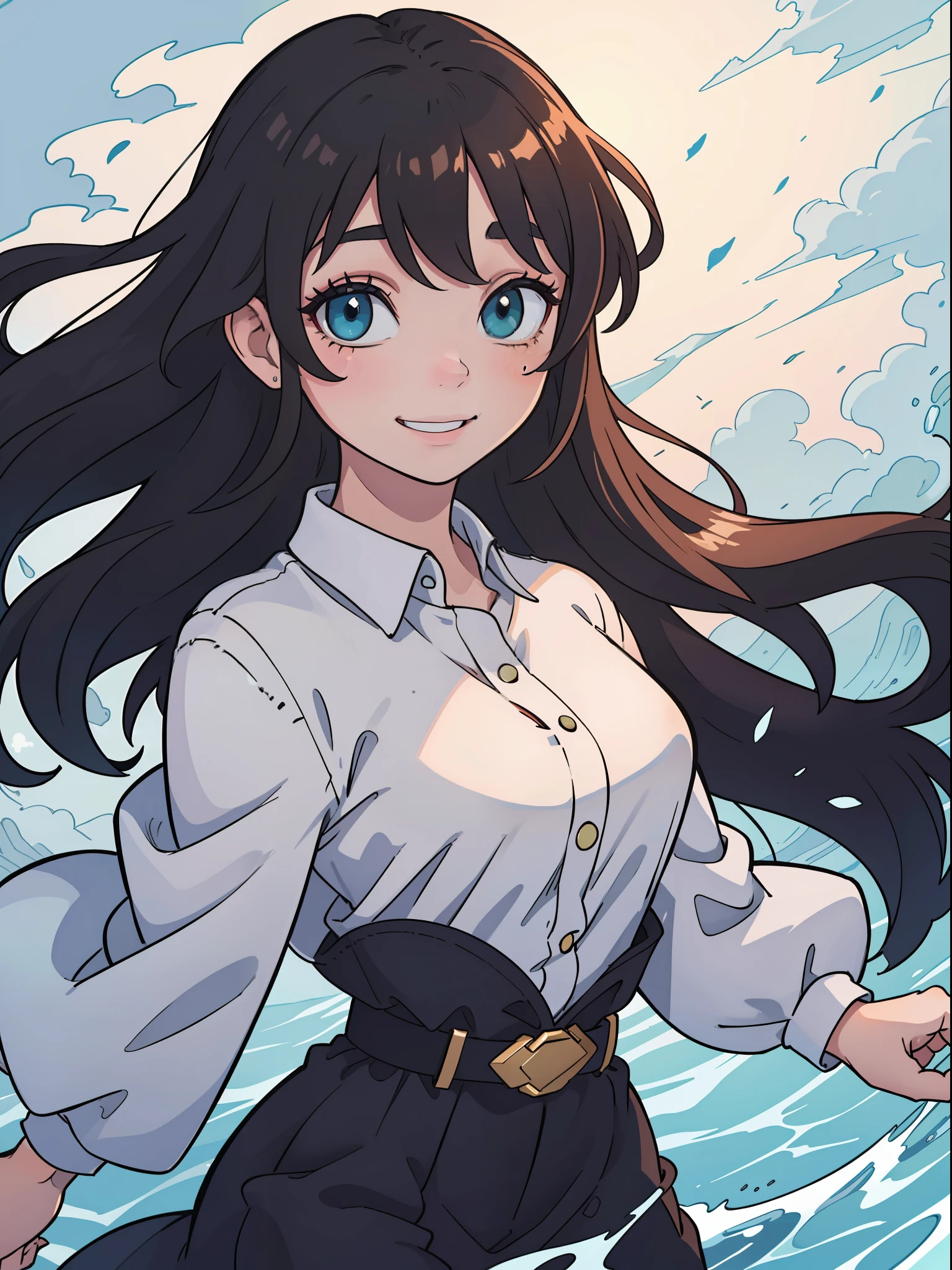 Two-dimensional, a girl, girl, black hair, hair between the eyes, long hair, scattered, hair blown up by the wind, green eyes, deep eyes, big watery eyes, smile, gentle, sister fan, sister, daily clothes, high-grade lighting, exquisite picture, exquisite eyes, best shadows, best picture quality, best light, rich details, atmosphere, high resolution, masterpiece