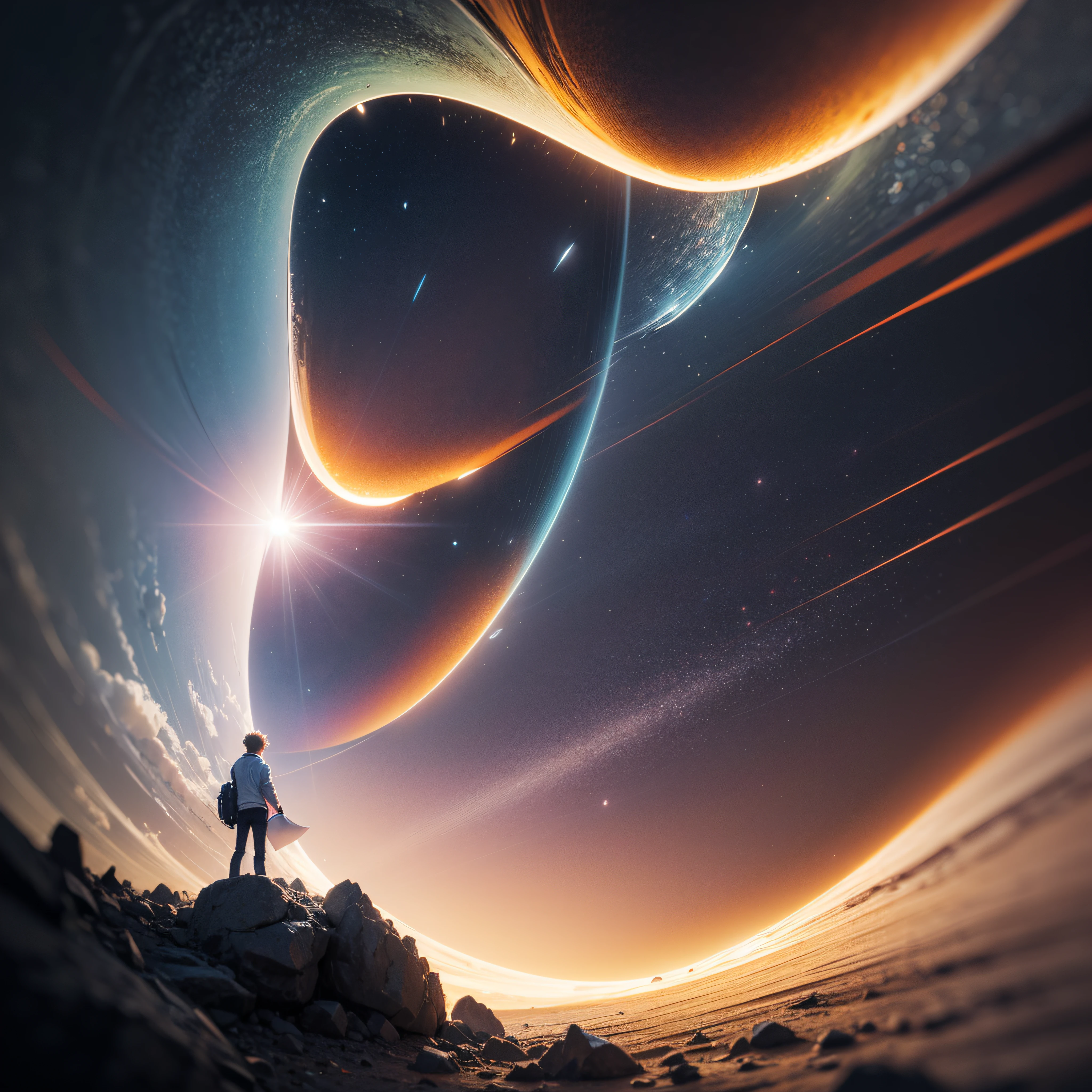 (level difference: 1.8), (colored rays of light colliding and merging with each other), (depth of field), 1 boy's side face mixes with the light rays, ((side face)), (hair is light rays: 1.7), (colored rays of light surround the body: 1.7), smile, made of light rays, upward gravity, bright glow, (rays of light), plasma state, incredibly beautiful, masterpiece, detailed background, ultra high quality model, ethereal background, abstract beauty, explosive volume, oil painting, heavy strokes, romantic lighting, sub-surface scattering, 135mm lens, f1.8, brightness, 8k, high resolution, dreamer, ray tracing, hdr, rays of god --auto