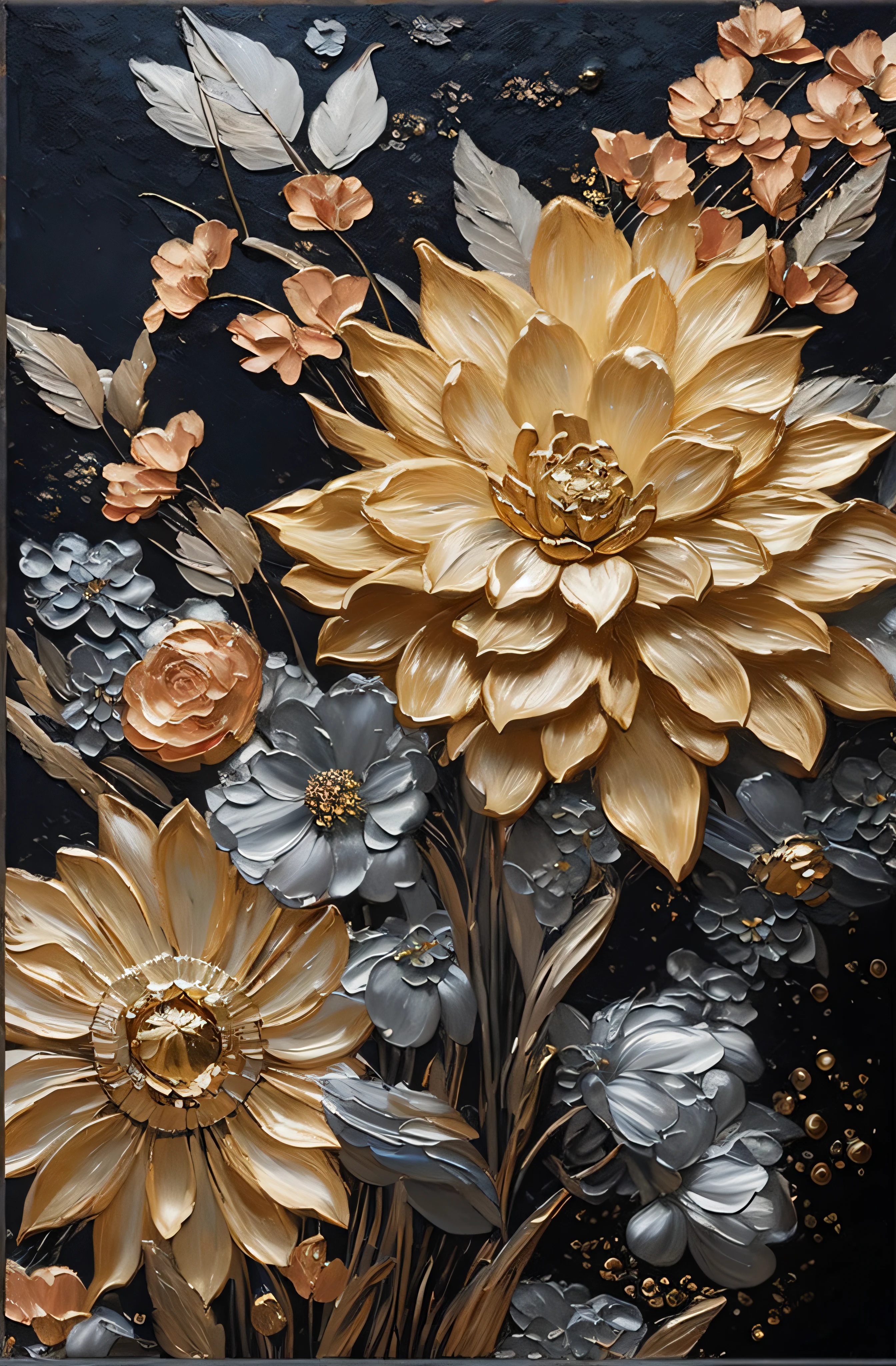 There is a painting of flowers with silver leaves, gold flowers, hydrangeas and morning glory, flowers and gold, gilded reliefs, detailed flowers, gorgeous flowers, golden flaky flowers, intricate flowers, chaotic gold leaf flowers, detailed 4K oil painting, stunning and rich details, gilded. Floral, floral. Baroque elements, intricate oil paintings