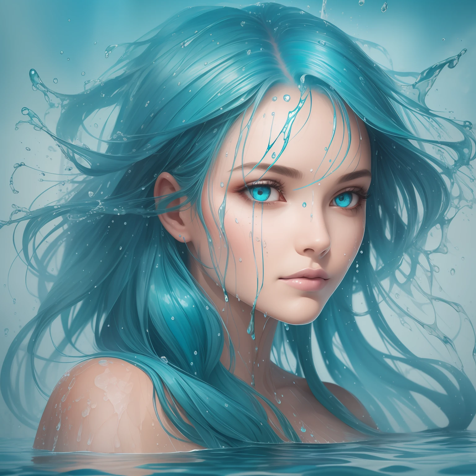a half body portrait of a woman as made of water, half body submerged in water, at a lake, turquoise hair depicting as waterfall, wet, drops of water on the face and body, natural body posture, rain, Art by Alberto Seveso, symmetrical, abstract artstyle, intricate complex watercolor painting, sharp eyes, digital painting, color explosion, concept art, metallic reflections