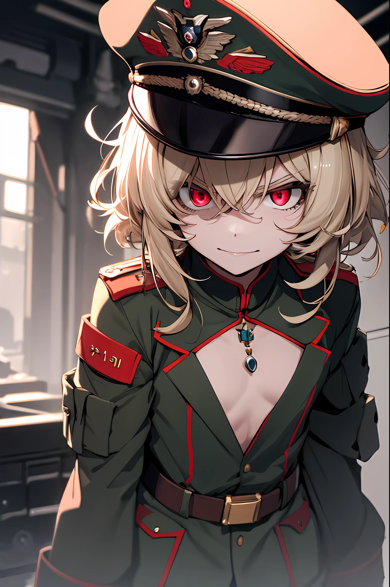 (masterpiece, best quality: 1.1), 1girl solo, tanya, 1girl, solo, petite, flat chest, small breasts, curvy, military, military uniform, , general hat, evil smile, wicked expression, anger, red eyes, neutral lighting
