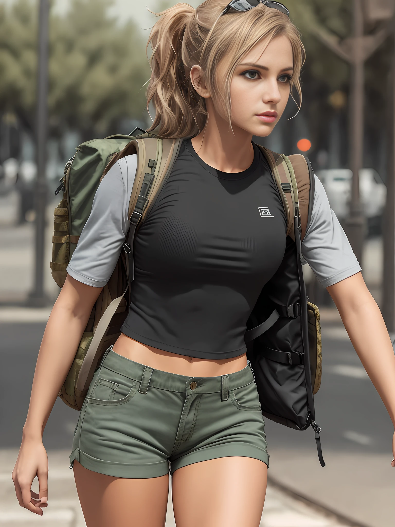 fit girl on the street, desert military vest, backpack, epic realistic, photo, faded, complex stuff around, neutral colors, ((((hdr)))), ((((muted colors)))), intricate scene, artstation, intricate details, vignette, heavy military vest:1.2, military shorts, closed clothing, conservative look, safe for work:1.2, sfw:1.2, perfect anatomy, utility vest:1.2