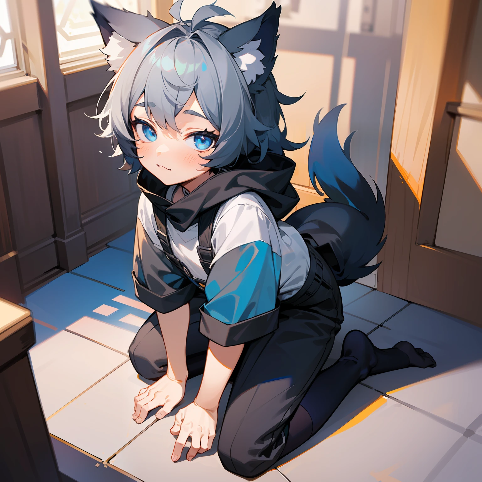 (1boy), (Shota), (HD quality, masterpiece level), cute teen character, dark gray hair, blue eyes, (wolf ears), (wolf tail), one tail, (no ears), (little boy), (ears covered), (hair covered ears), a pinch of blue bangs, full body picture, chubby face, random expressions, cute feet