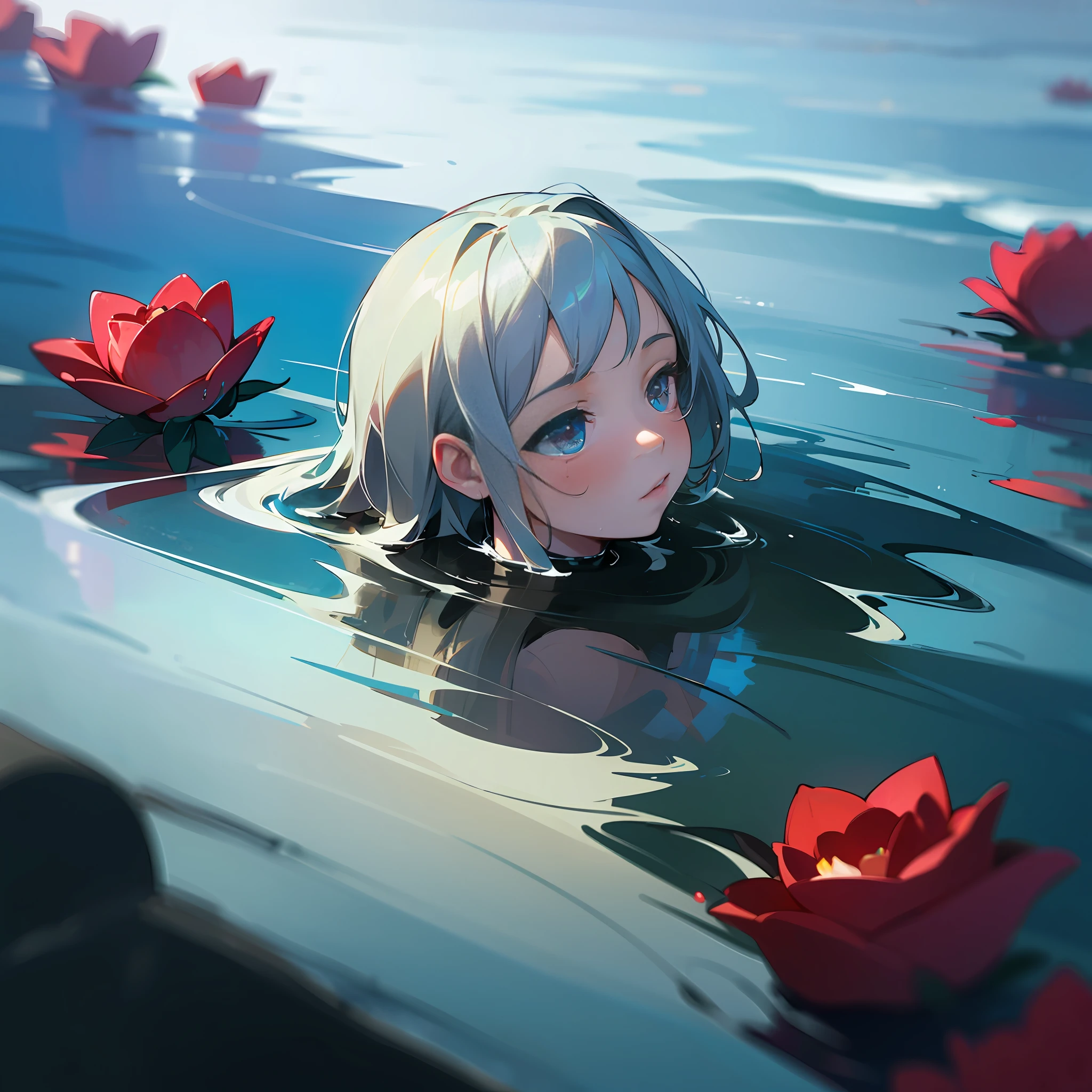 Upper body, wet hair, poor chuchu, side face, beauty mole, girl, 8k resolution, more details, higher quality, perfect composition, sea of roses, cinematic lighting, --auto