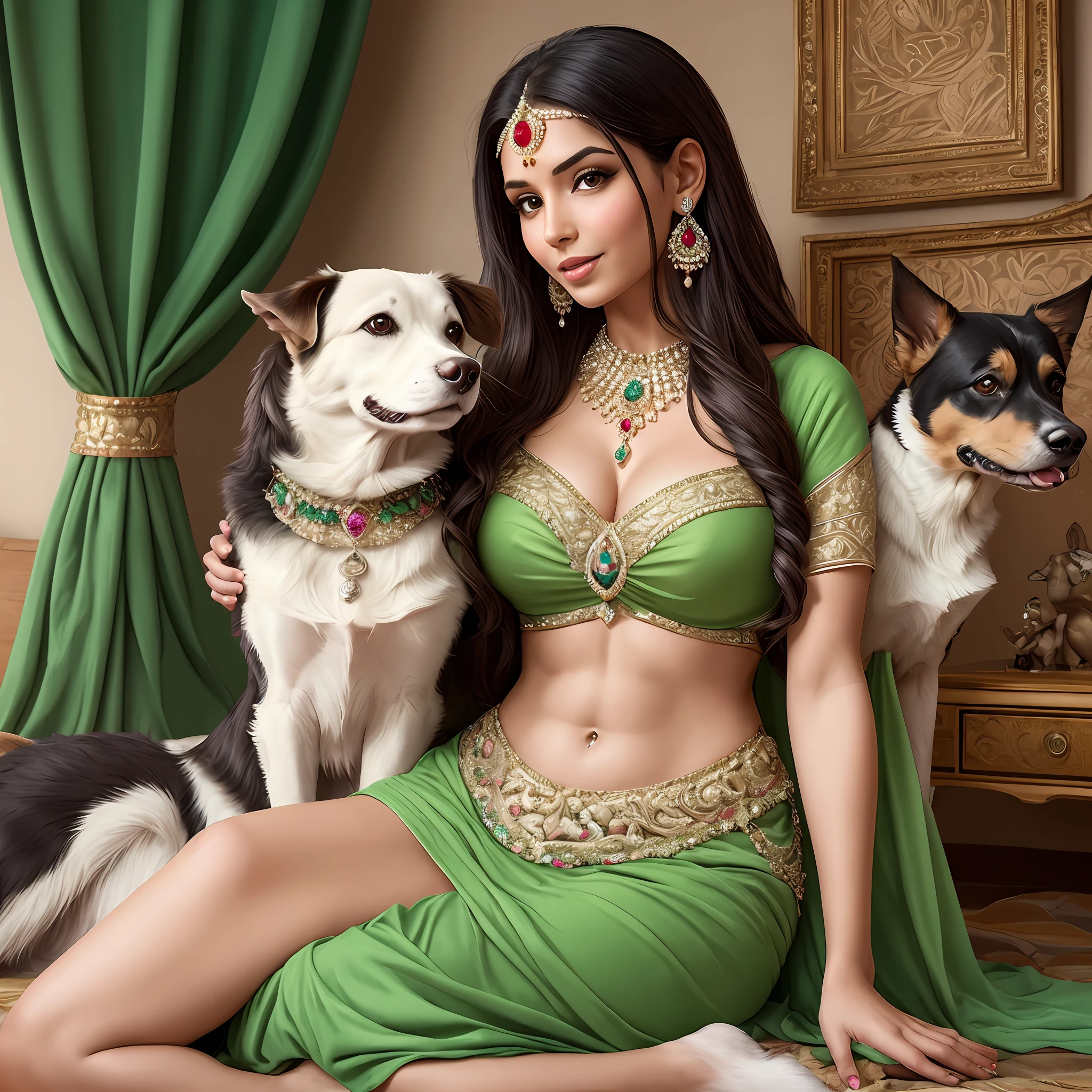 "Indian princess showcasing her toned stomach and long legs, adorned in an elegant jeweled light green dress, amidst a picturesque in bedroom. Playfully interacting with her dogs and dog licking princess leg. Realistic depiction with intricate details." --auto