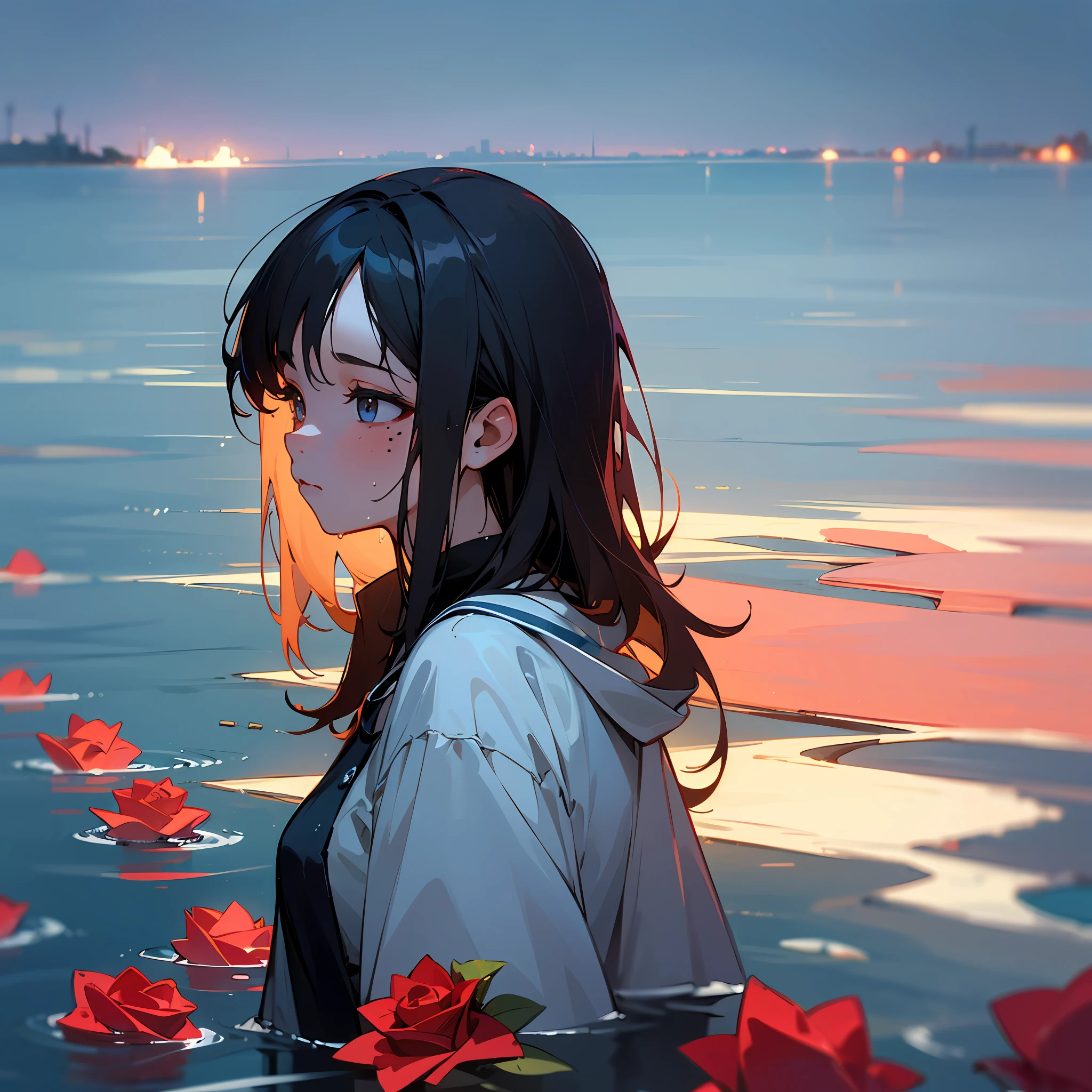 Upper body, wet hair, poor chuchu, side face, beauty mole, girl, 8k resolution, more details, higher quality, perfect composition, sea of roses, cinematic lighting, --auto