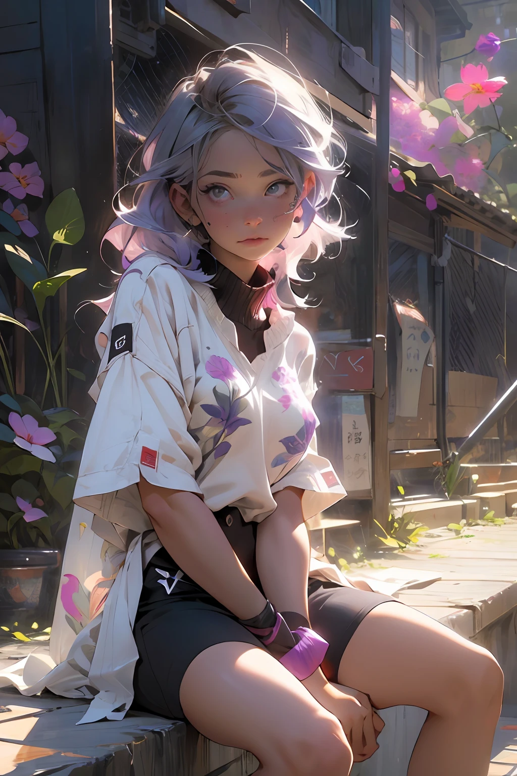 melancholy lighting, quiet, calm, brightness, masterpiece, best quality, 1girl, (JinxLol:1.2), (ultra photorealistic:1.3), (masterpiece:1.4), best quality, ((realistic)), high quality, ultra detailed, ((real image)), ((realistic skin)), ((realistic face)),(illustration:1.05), (beautiful:1.05), (beautiful detailed eyes:1.05), (cinematic light:1.1), purple and pink on the detacks, full body, black and blue clothing, white sneakers